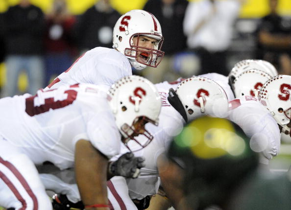 EUGENE, OR - OCTOBER 2: Quarterback Andrew Luck #12 of the Stanford Cardinal calls out signals at the line of scrimmage in the second quarter of the game against the Oregon Ducks at Autzen Stadium on October 2, 2010 in Eugene, Oregon. Oregon won the game