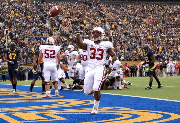 BERKELEY, CA - NOVEMBER 20:  Stepfan Taylor #33 of the Stanford Cardinal tosses the ball into the air after he ran in for a touchdown against the California Golden Bears at California Memorial Stadium on November 20, 2010 in Berkeley, California.  (Photo