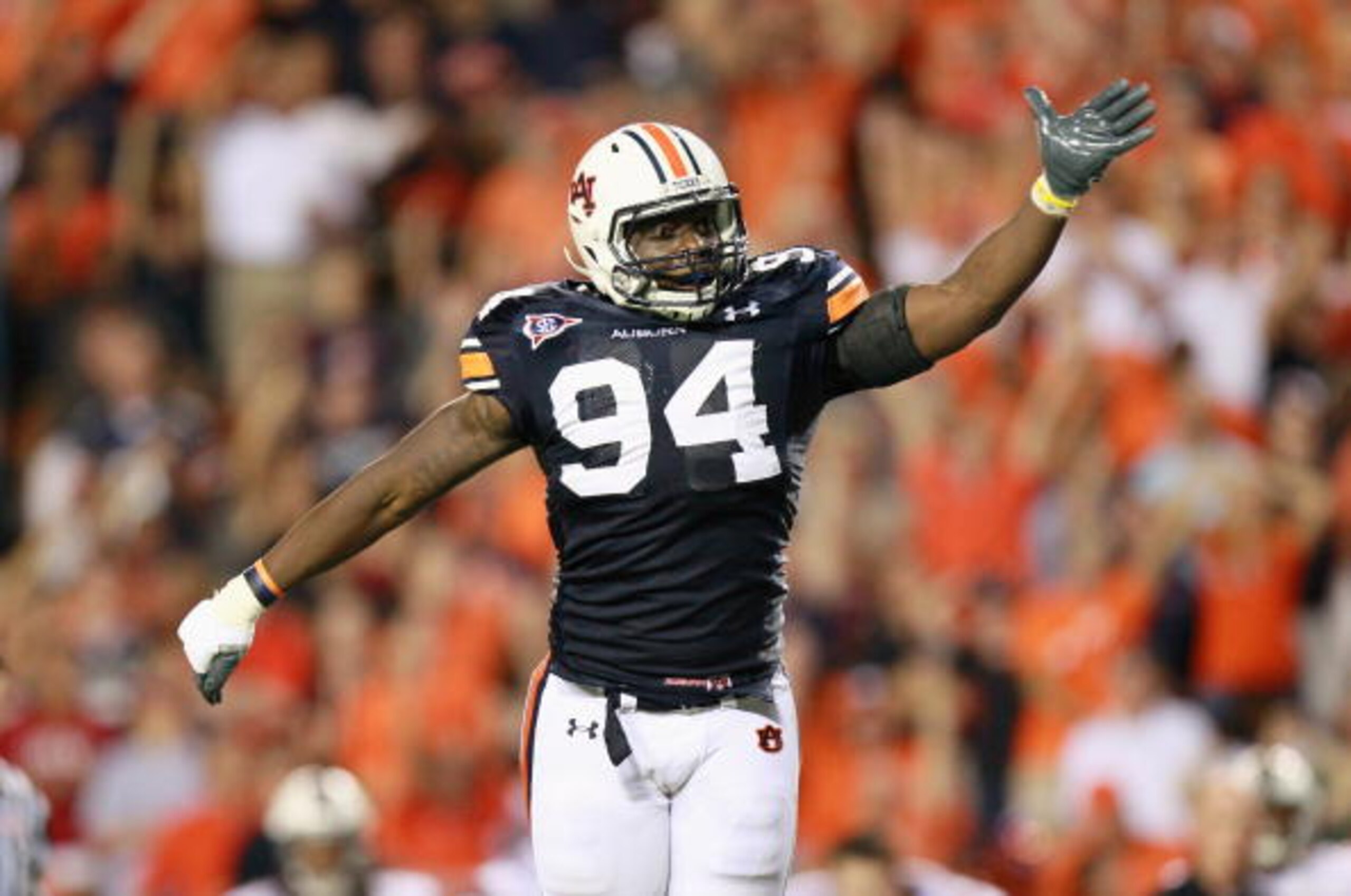 AUBURN, AL - SEPTEMBER 25:  Nosa Eguae #94 of the Auburn Tigers against the South Carolina Gamecocks at Jordan-Hare Stadium on September 25, 2010 in Auburn, Alabama.  (Photo by Kevin C. Cox/Getty Images)