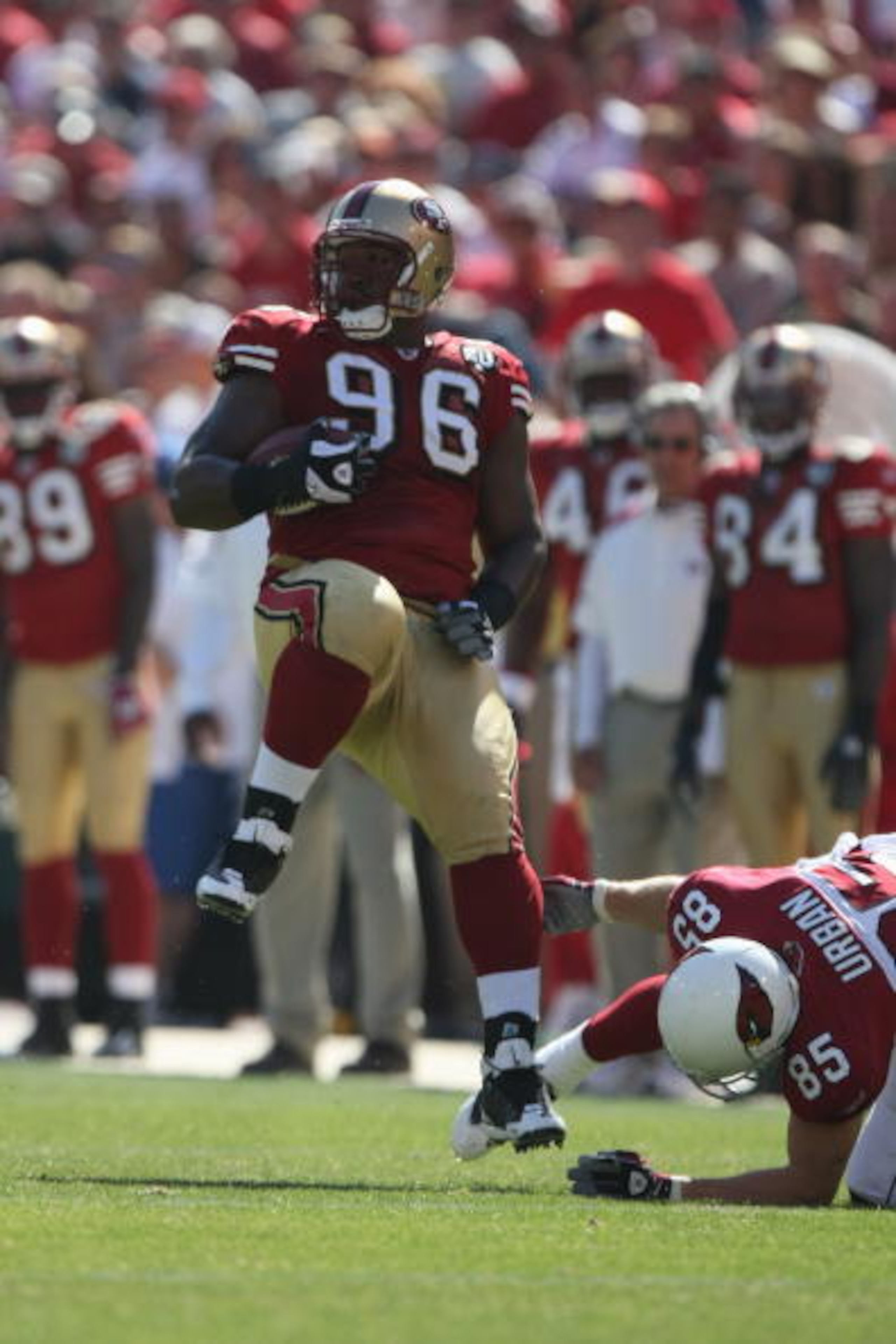 SAN FRANCISCO - SEPTEMBER 7:  Kentwan Balmer #96 of the San Francisco 49ers returns a kick during the game against the Arizona Cardinals on September 7, 2008 at Bill Walsh Field at Candlestick Park in San Francisco, California. (Photo by Jed Jacobsohn/Get