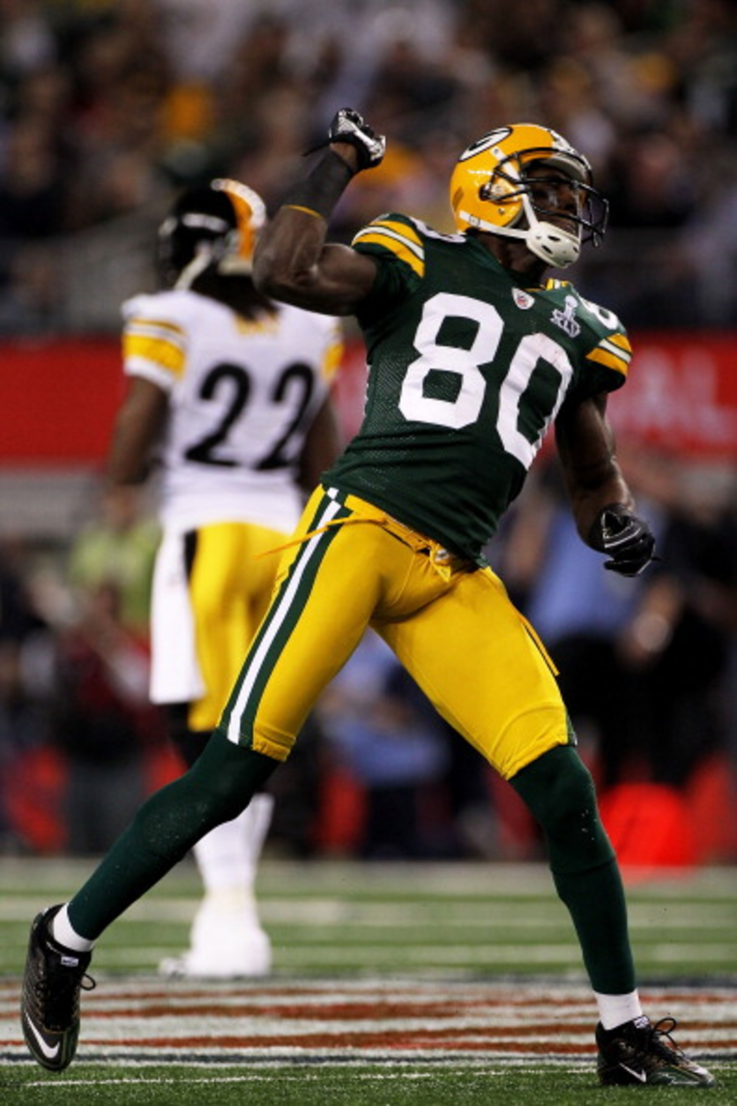 ARLINGTON, TX - FEBRUARY 06:  Donald Driver #80 of the Green Bay Packers reacts after a first down catch against the Pittsburgh Steelers in the first quarter during Super Bowl XLV at Cowboys Stadium on February 6, 2011 in Arlington, Texas.  (Photo by Doug