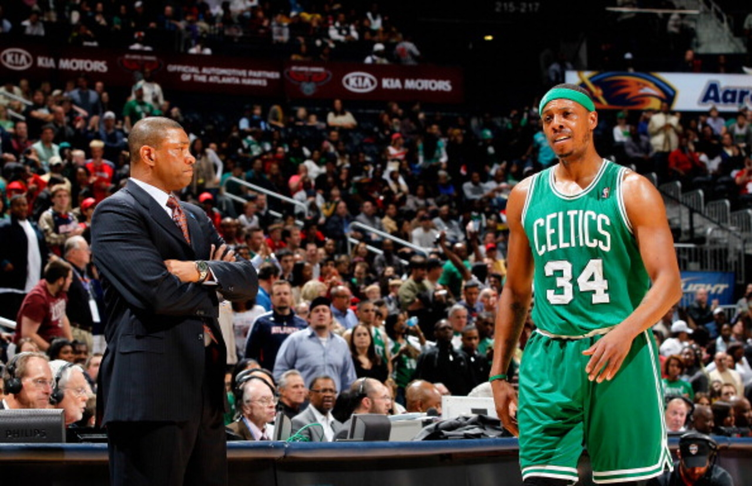 ATLANTA, GA - APRIL 01:  Paul Pierce #34 of the Boston Celtics and head coach Doc Rivers against the Atlanta Hawks at Philips Arena on April 1, 2011 in Atlanta, Georgia.  NOTE TO USER: User expressly acknowledges and agrees that, by downloading and/or usi
