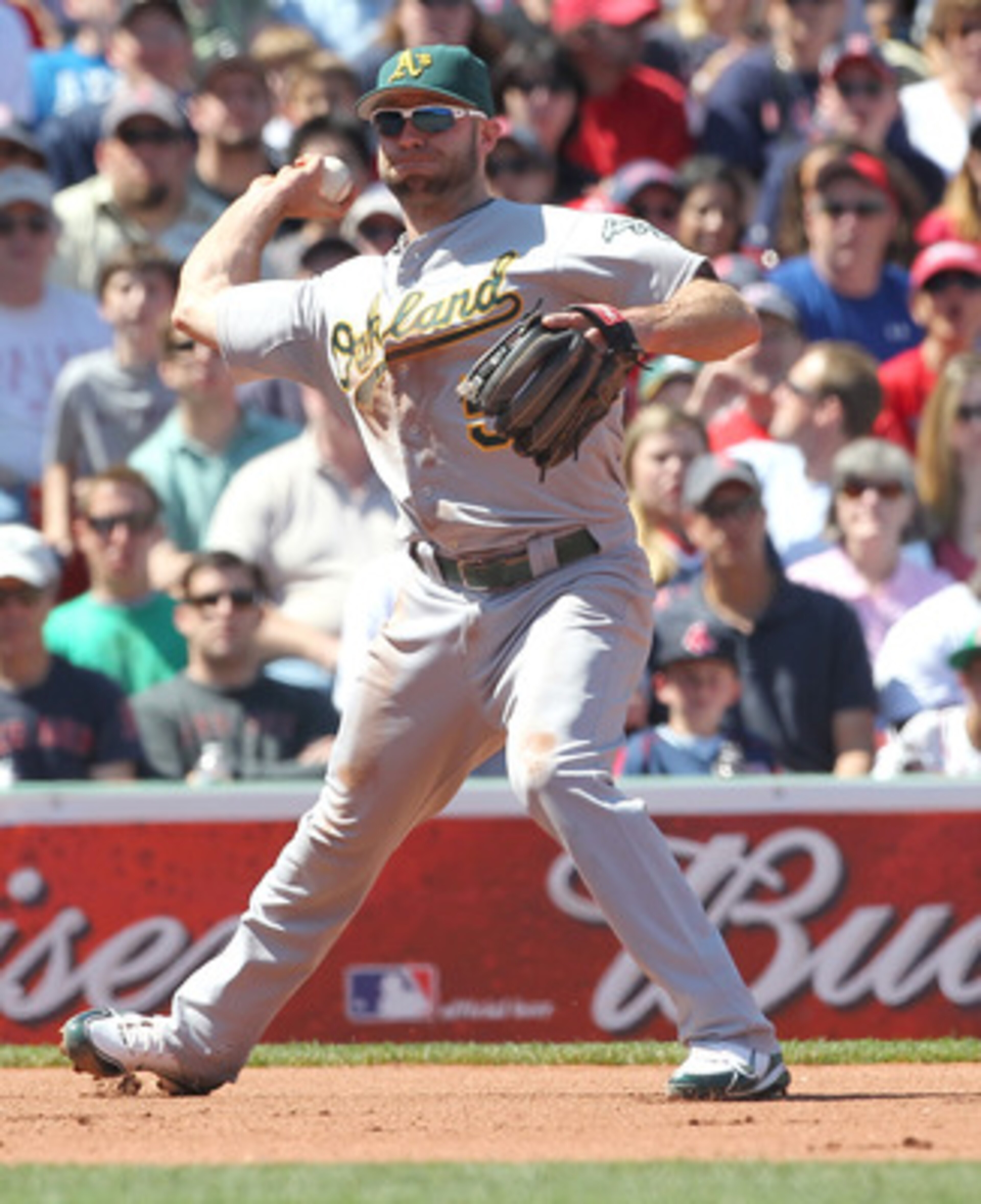 BOSTON, MA - JUNE 5:  Kevin Kouzmznoff #5 of the Oakland Athletics competes against the Boston Red Sox at Fenway Park on June 5, 2011 in Boston, Massachusetts.  (Photo by Jim Rogash/Getty Images)