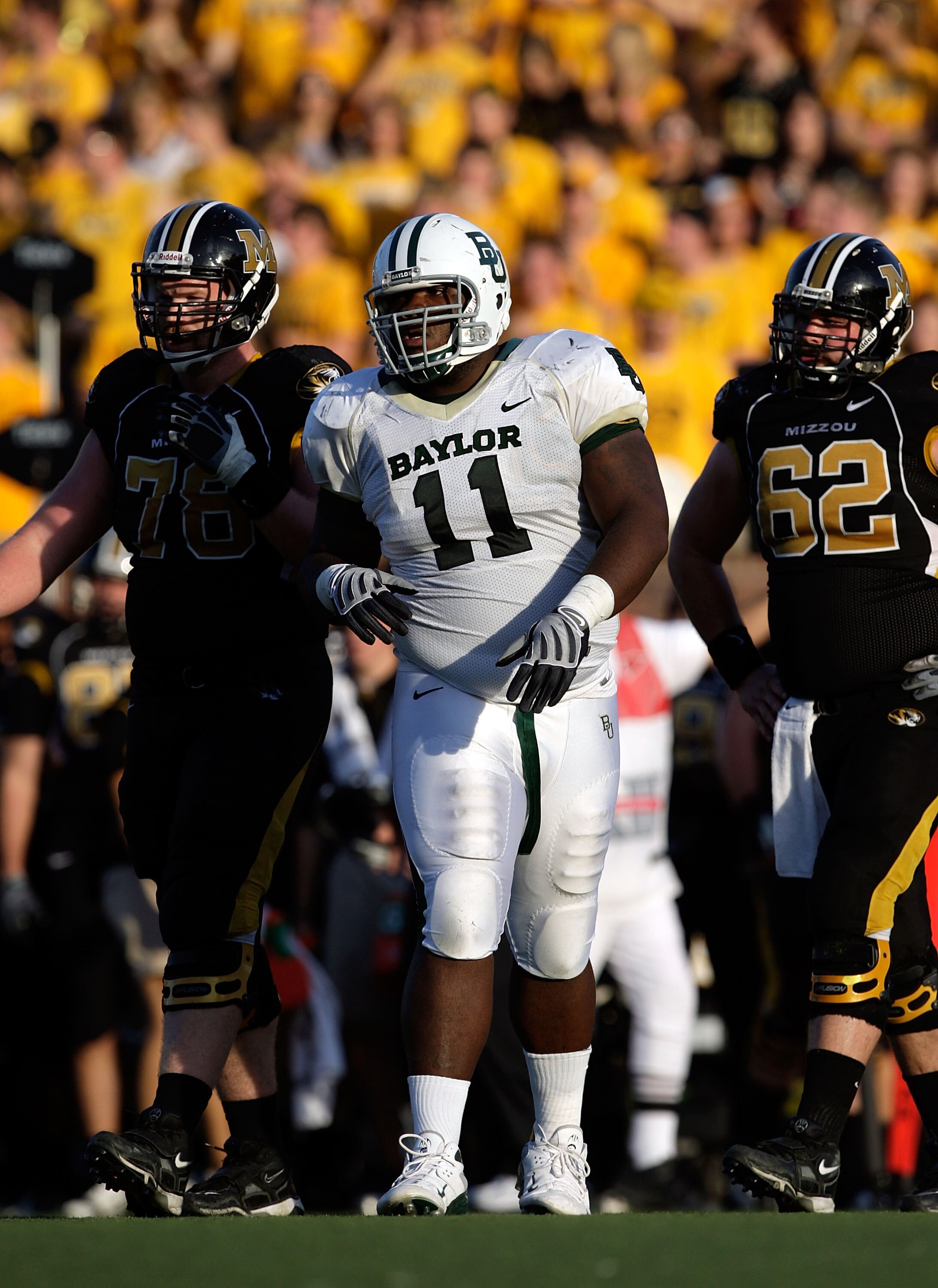 COLUMBIA, MO - NOVEMBER 07:  Defensive tackle Phil Taylor #11 of the Baylor Bears in action during the game against the Missouri Tigers at Faurot Field at Memorial Stadium on November 7, 2009 in Columbia, Missouri.  (Photo by Jamie Squire/Getty Images)