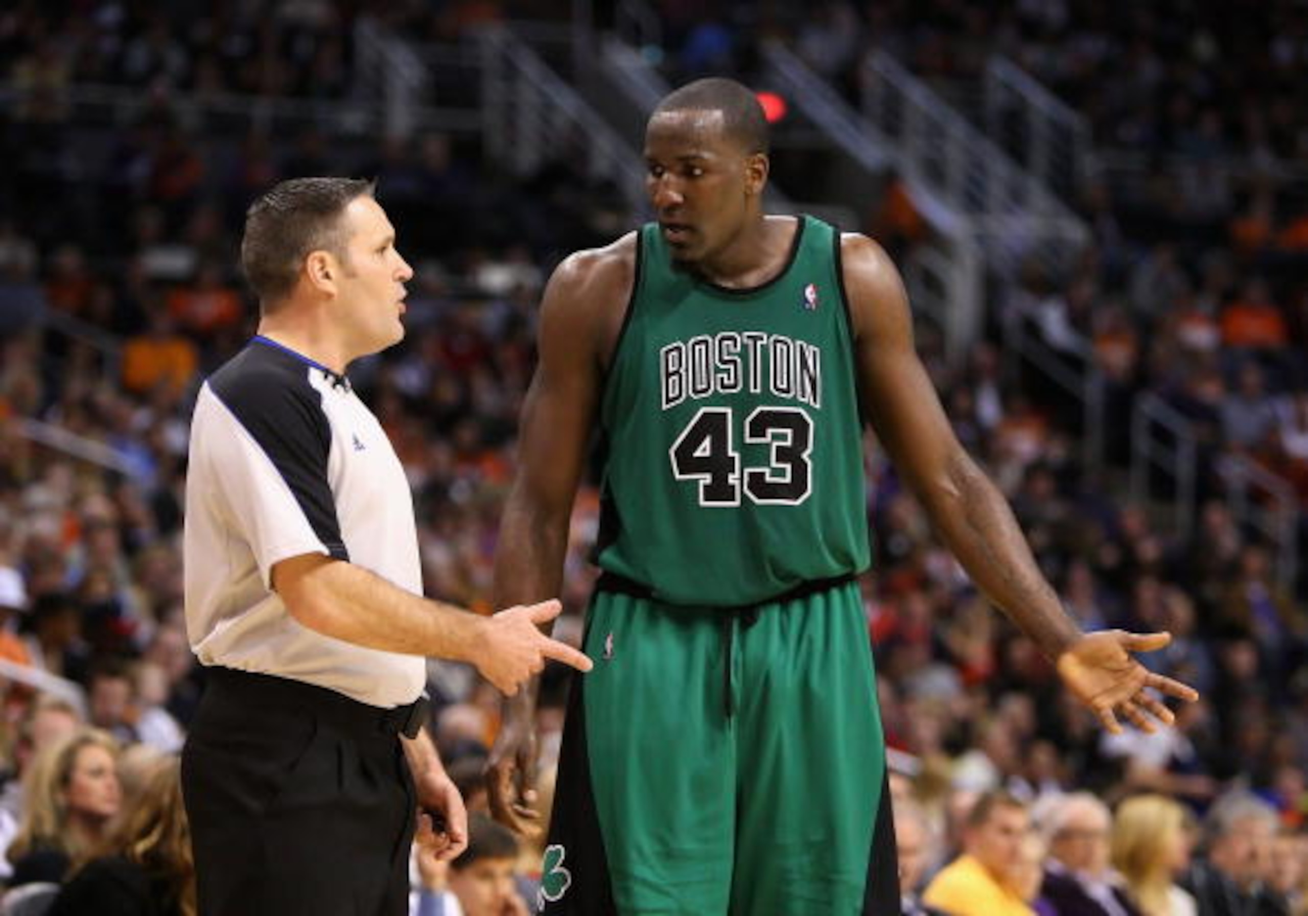 PHOENIX - DECEMBER 30:  Kendrick Perkins #43 of the Boston Celtics argues a call during the NBA game against the Phoenix Suns at US Airways Center on December 30, 2009 in Phoenix, Arizona. The Suns defeated the Celtics 116-98.  NOTE TO USER: User expressl