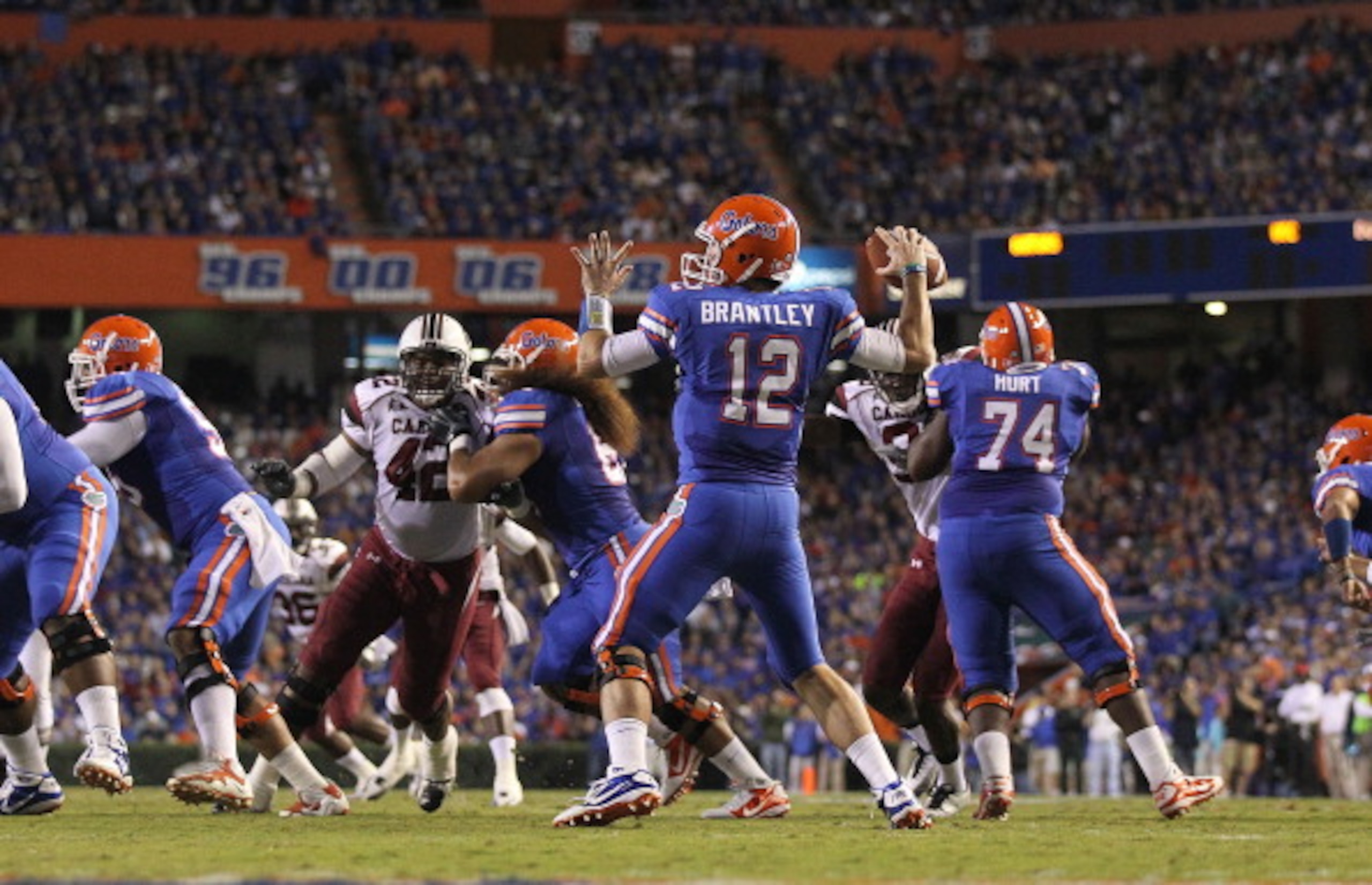 GAINESVILLE, FL - NOVEMBER 13:  John Brantley #12 of the Florida Gators passes during a game against the South Carolina Gamecocks at Ben Hill Griffin Stadium on November 13, 2010 in Gainesville, Florida.  (Photo by Mike Ehrmann/Getty Images)