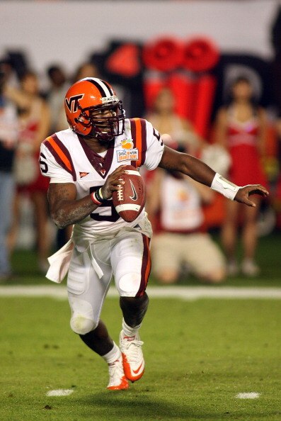 MIAMI, FL - JANUARY 03:  Tyrod Taylor #5 of the Virginia Tech Hokies looks to pass against the Stanford Cardinal during the 2011 Discover Orange Bowl at Sun Life Stadium on January 3, 2011 in Miami, Florida. Stanford won 40-12.  (Photo by Marc Serota/Gett