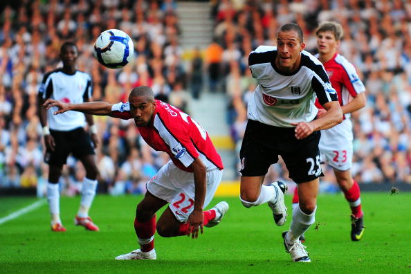 LONDON, ENGLAND - SEPTEMBER 26:  Bobby Zamora of Fulham and Gael Clichy of Arsenal chase the ball during the Barclays Premier League match between Fulham and Arsenal at Craven Cottage on September 26, 2009 in London, England.  (Photo by Mike Hewitt/Getty 