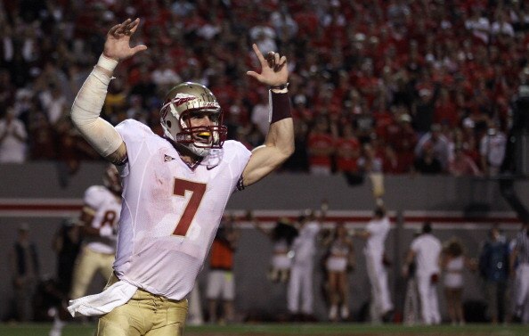 RALEIGH, NC - OCTOBER 28:  Christian Ponder #7 of the Florida State Seminoles celebrates after scoring a touchdown against the North Carolina State Wolfpack during their game at Carter-Finley Stadium on October 28, 2010 in Raleigh, North Carolina.  (Photo