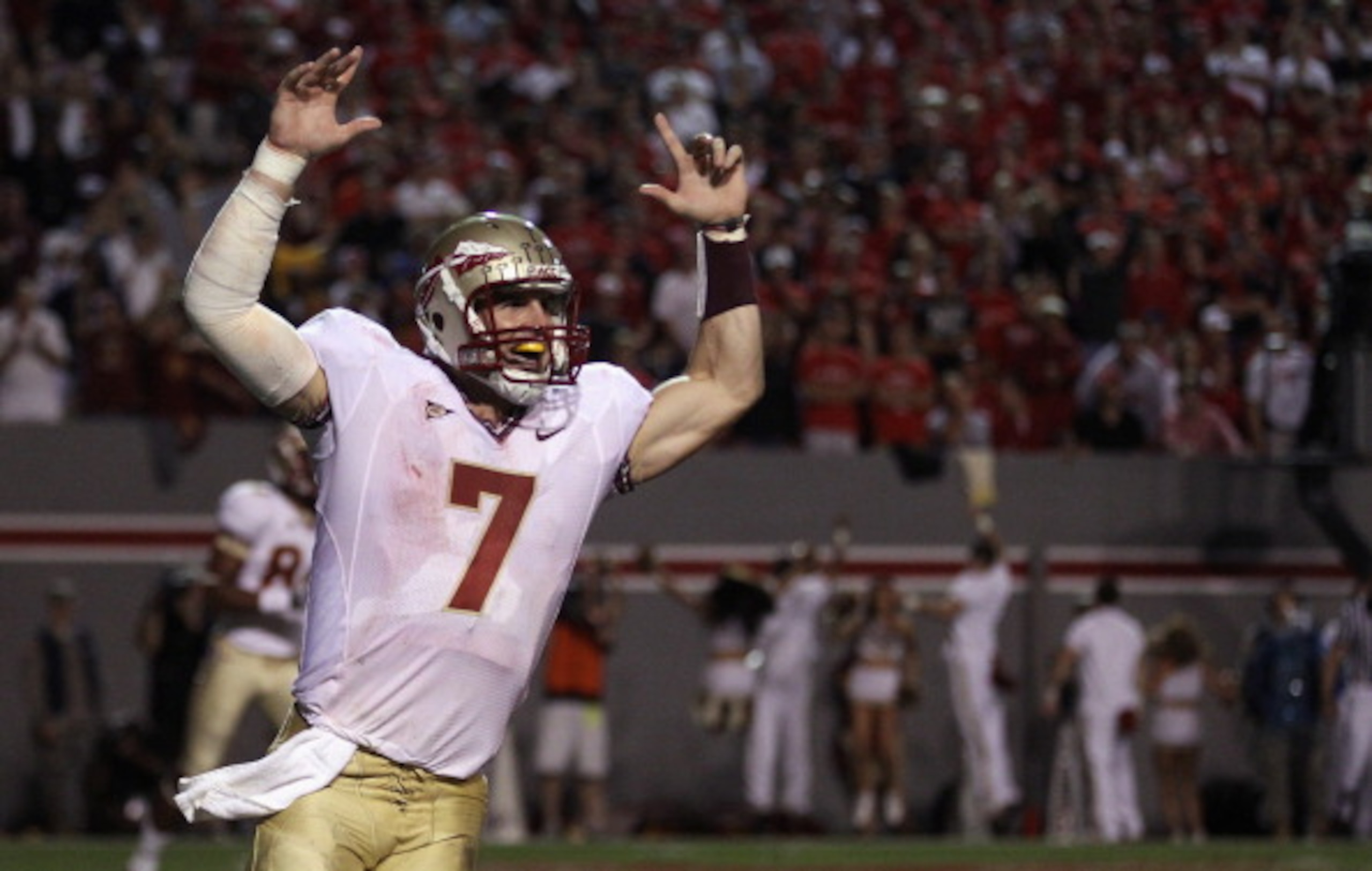 RALEIGH, NC - OCTOBER 28:  Christian Ponder #7 of the Florida State Seminoles celebrates after scoring a touchdown against the North Carolina State Wolfpack during their game at Carter-Finley Stadium on October 28, 2010 in Raleigh, North Carolina.  (Photo