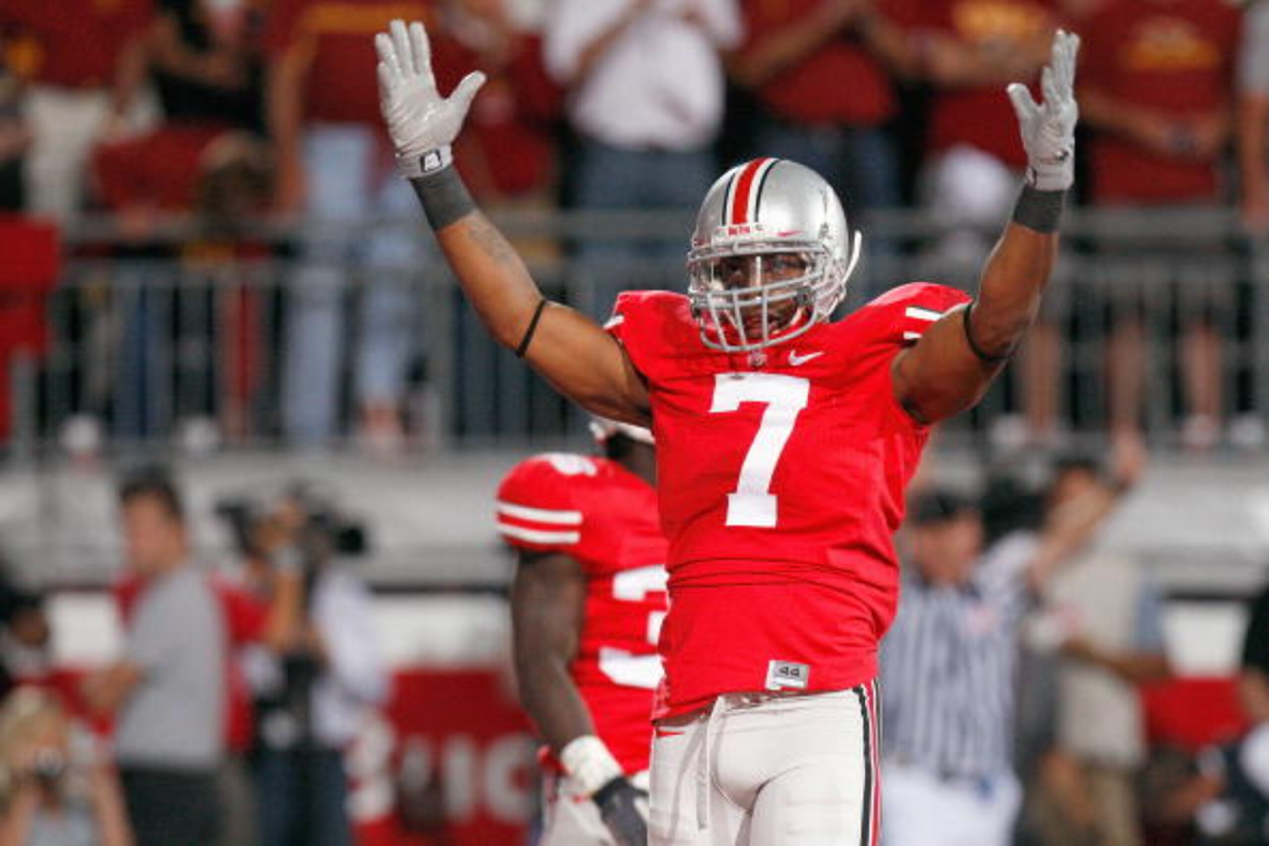 COLUMBUS, OH - SEPTEMBER 12: Jermale Hines #7 of the Ohio State Buckeyes reacts on the field during the game against the Southern California Trojans on September 12, 2009 at Ohio Stadium in Columbus, Ohio. The Trojans defeated the Buckeyes 18-15. (Photo b