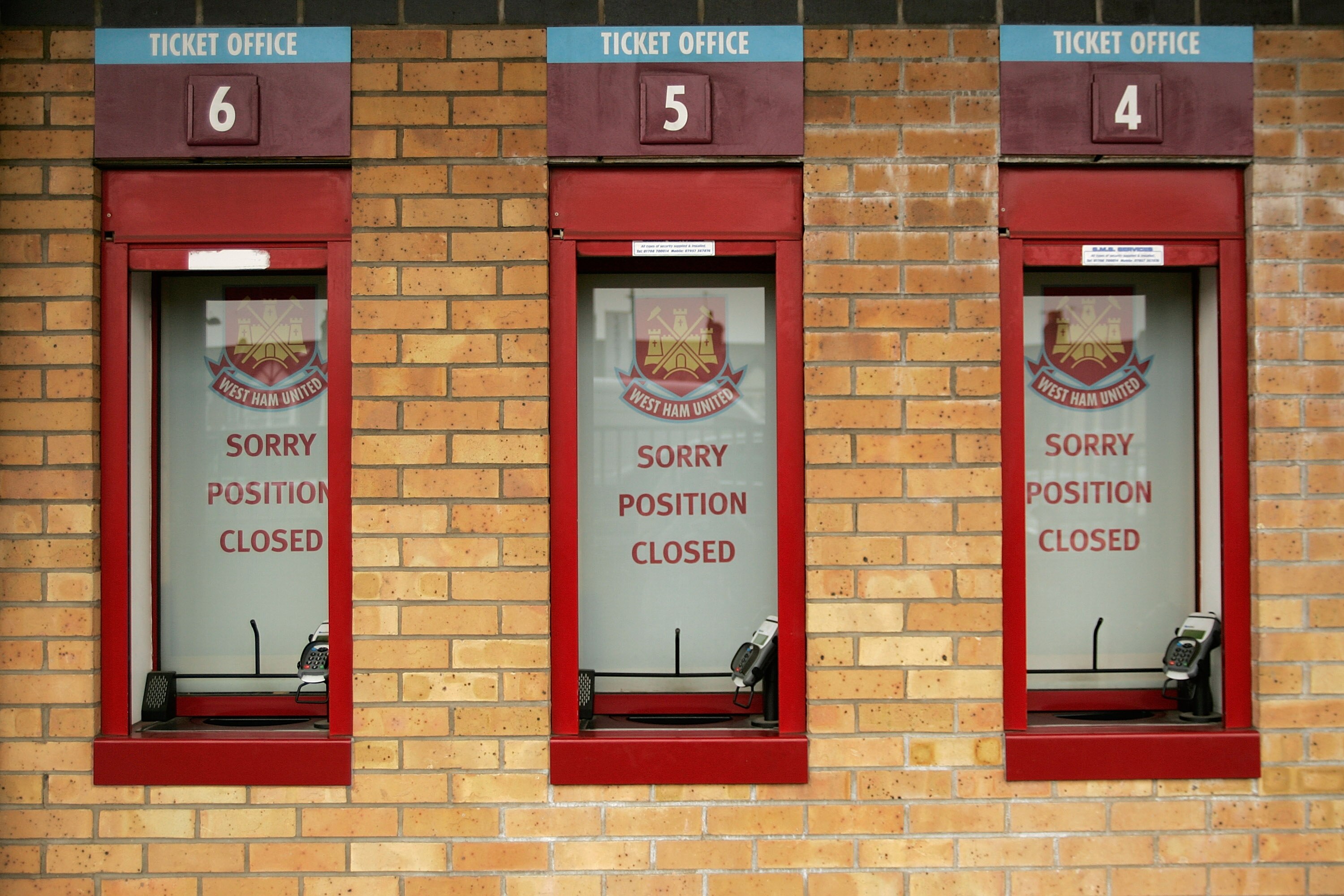 LONDON - MARCH 15:  A general view of closed ticket vending windows at West Ham United FC at the Boleyn Ground on March 15, 2011 in London, United Kingdom.  (Photo by Jeremy O'Donnell/Getty Images)