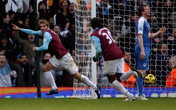 LONDON, ENGLAND - NOVEMBER 27: Valon Behrami of West Ham (L) celebrates after scoring their first goal during the Barclays Premier League match between West Ham United and Wigan Athletic at Boleyn Ground on November 27, 2010 in London, England.  (Photo by
