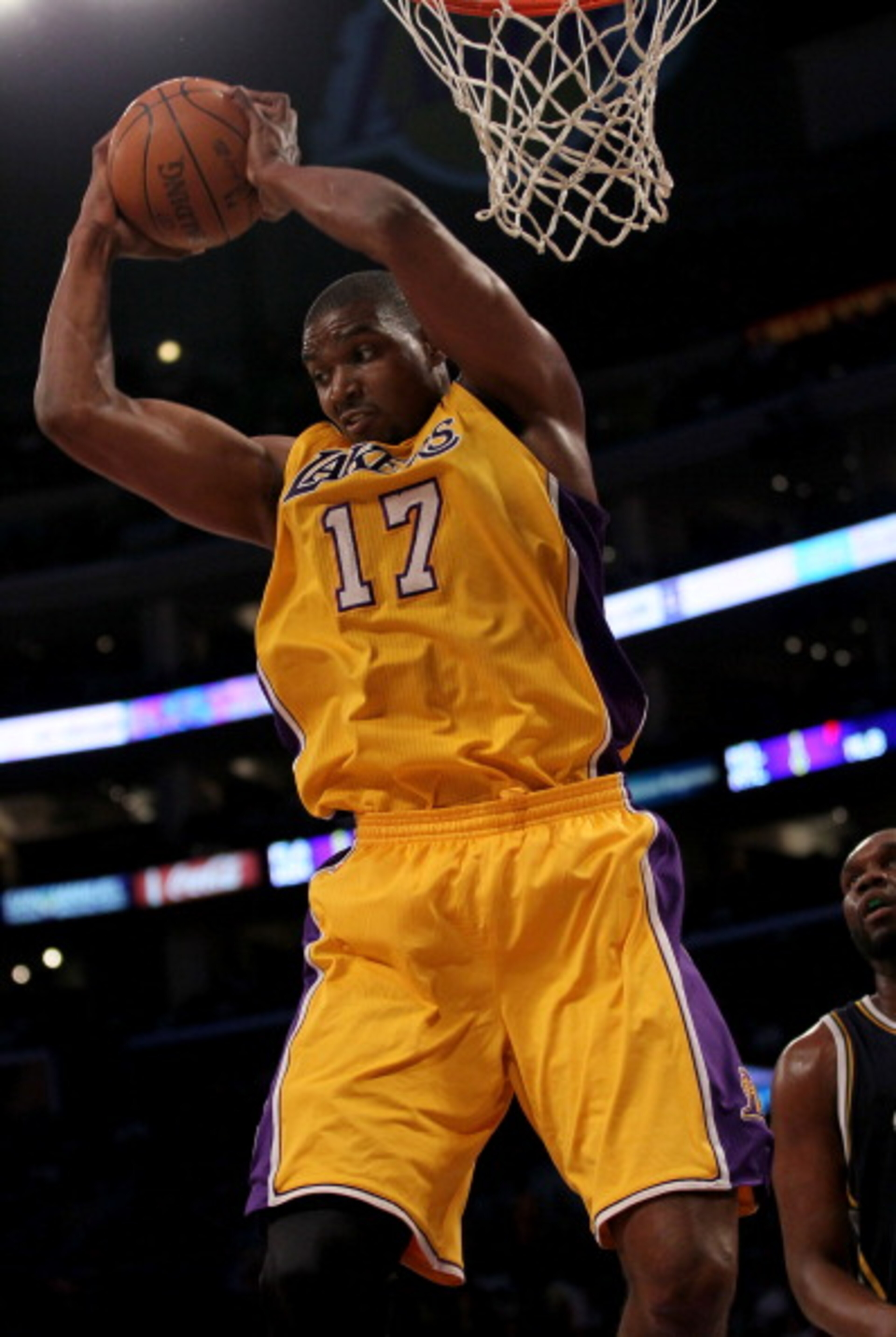 LOS ANGELES, CA - APRIL 05: Andrew Bynum #17 of the Los Angeles Lakers grabs a rebound against the Utah Jazz at Staples Center on April 5, 2011 in Los Angeles, California. The Jazz won 86-85. NOTE TO USER: User expressly acknowledges and agrees that, by LOS ANGELES, CA - APRIL 05: Andrew Bynum #17 of the Los Angeles Lakers grabs a rebound against the Utah Jazz at Staples Center on April 5, 2011 in Los Angeles, California. The Jazz won 86-85. NOTE TO USER: User expressly acknowledges and agrees that, by