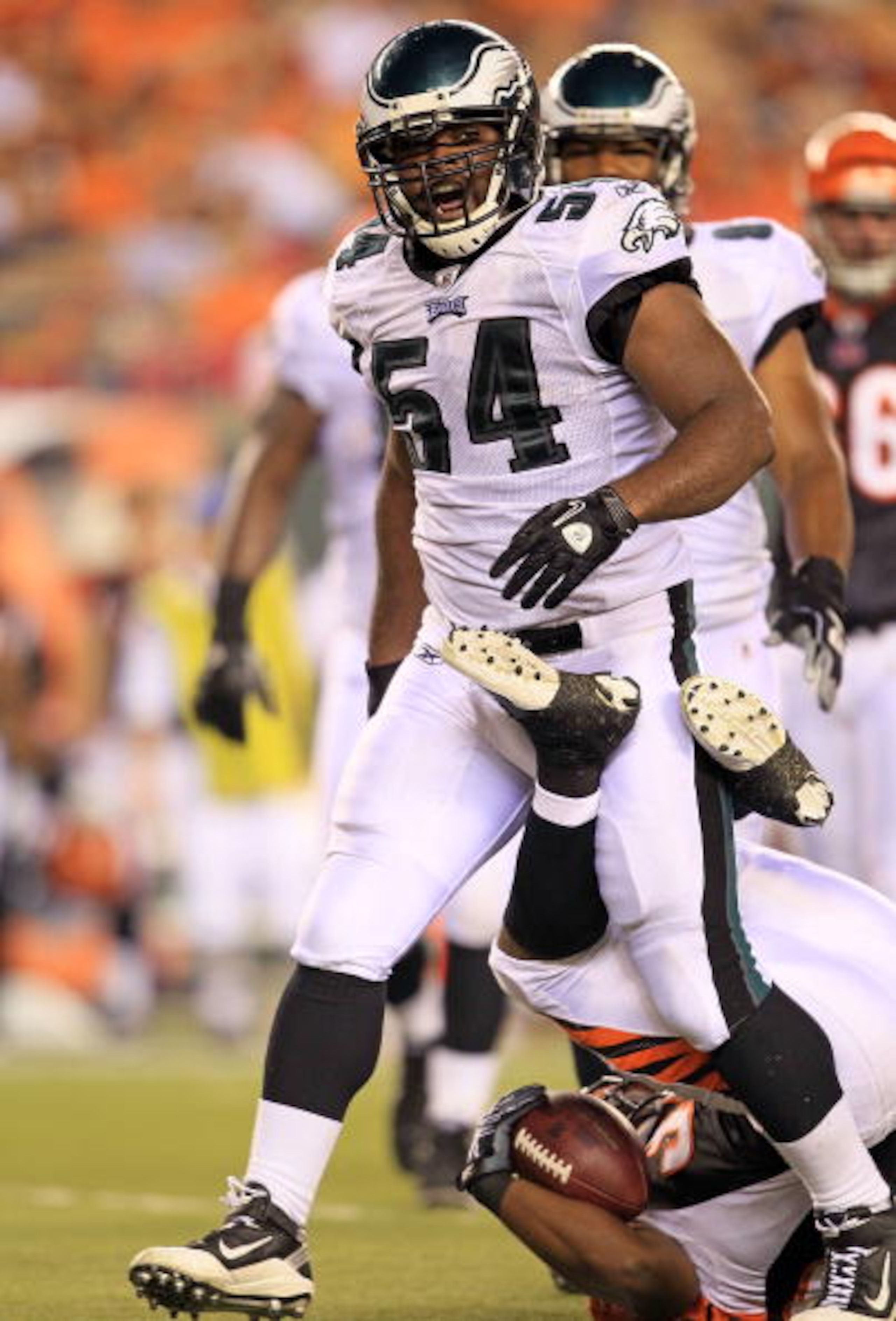 CINCINNATI - AUGUST 20:  Brandon Graham #54 of the Philadelphia Eagles celebrates after making a tackle during the NFL preseason game against the Cincinnati Bengals at Paul Brown Stadium on August 20, 2010 in Cincinnati, Ohio.  (Photo by Andy Lyons/Getty