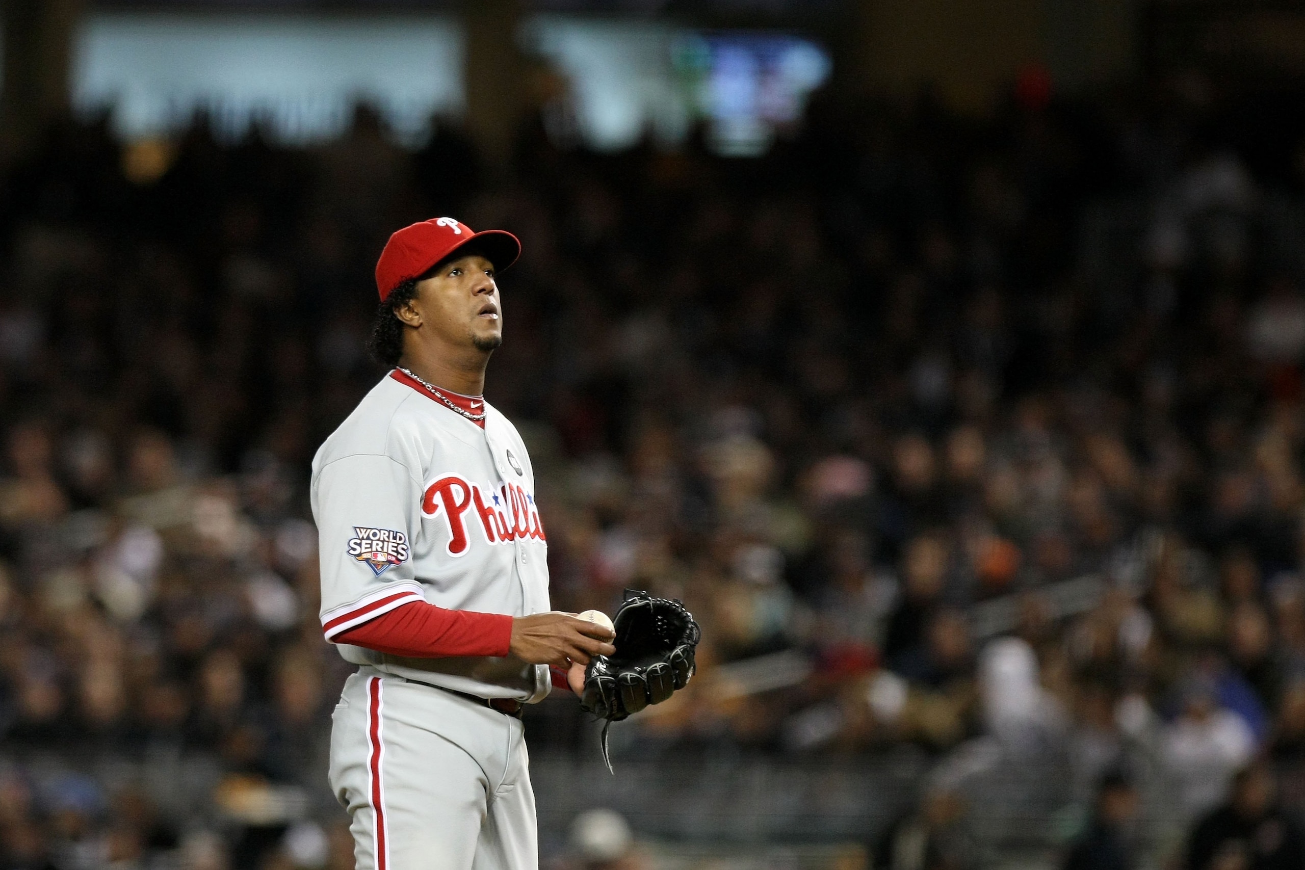 NEW YORK - NOVEMBER 04:  Pedro Martinez #45 of the Philadelphia Phillies looks on against the New York Yankees in Game Six of the 2009 MLB World Series at Yankee Stadium on November 4, 2009 in the Bronx borough of New York City.  (Photo by Nick Laham/Gett