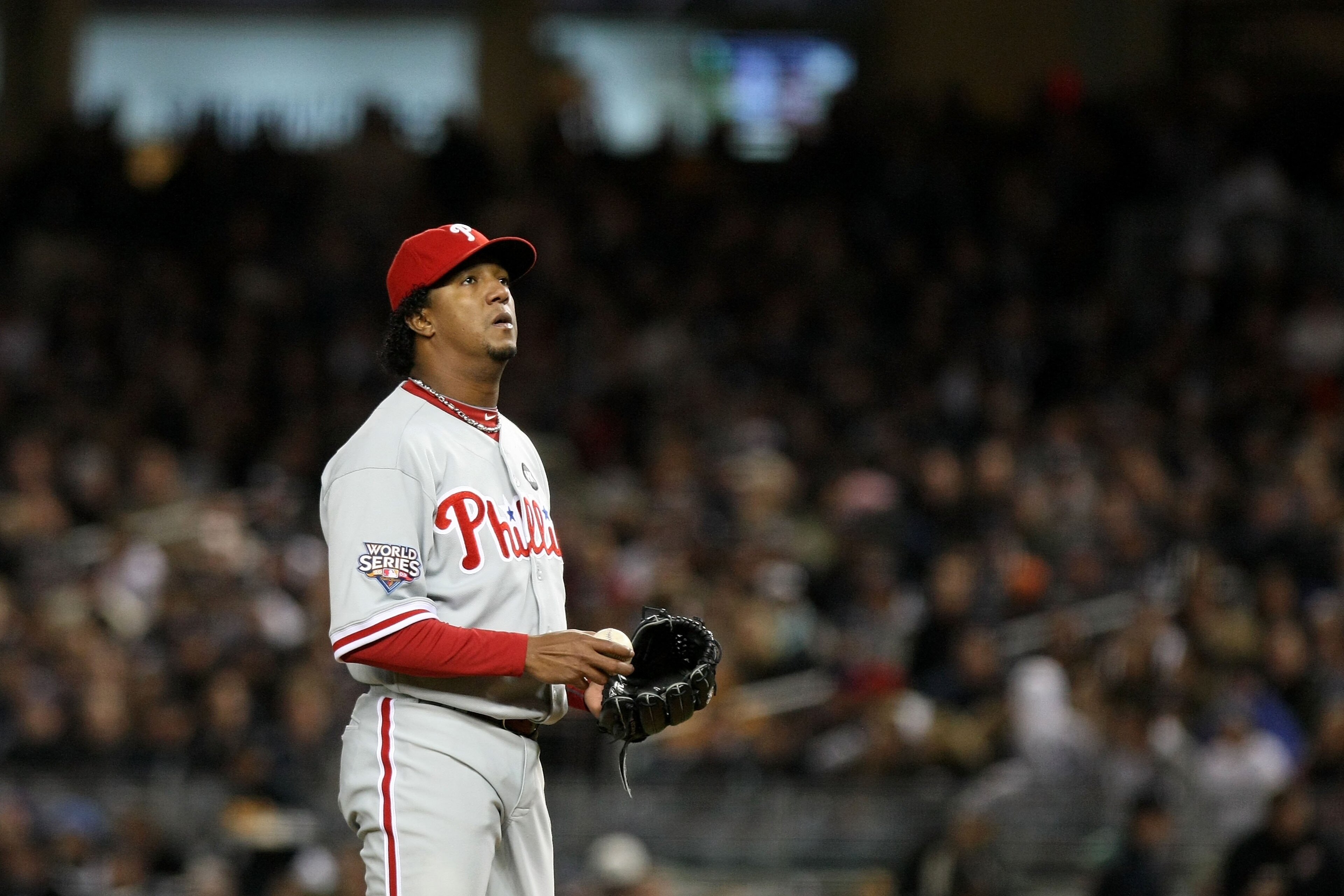 NEW YORK - NOVEMBER 04:  Pedro Martinez #45 of the Philadelphia Phillies looks on against the New York Yankees in Game Six of the 2009 MLB World Series at Yankee Stadium on November 4, 2009 in the Bronx borough of New York City.  (Photo by Nick Laham/Gett