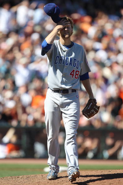 SAN FRANCISCO - AUGUST 12:  Andrew Cashner #48 of the Chicago Cubs looks on after loading the bases in the ninth inning against the San Francisco Giants during an MLB game at AT&T Park on August 12, 2010 in San Francisco, California. (Photo by Jed Jacobso
