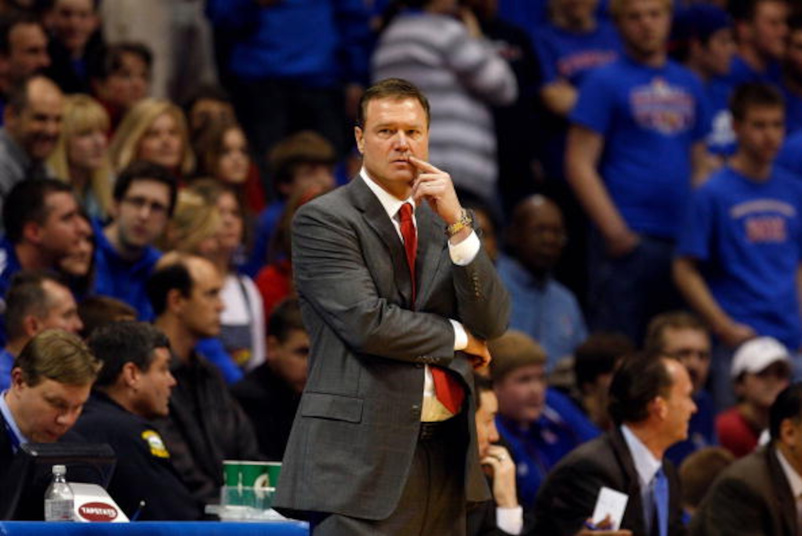 LAWRENCE, KS - FEBRUARY 18:  Head Coach Bill Self of the Kansas Jayhawks looks on from the bench area during the game against the Iowa State Cyclones on February 18, 2009 at Phog Allen Fieldhouse in Lawrence, Kansas. Kansas defeated Iowa State 72-55. (Pho