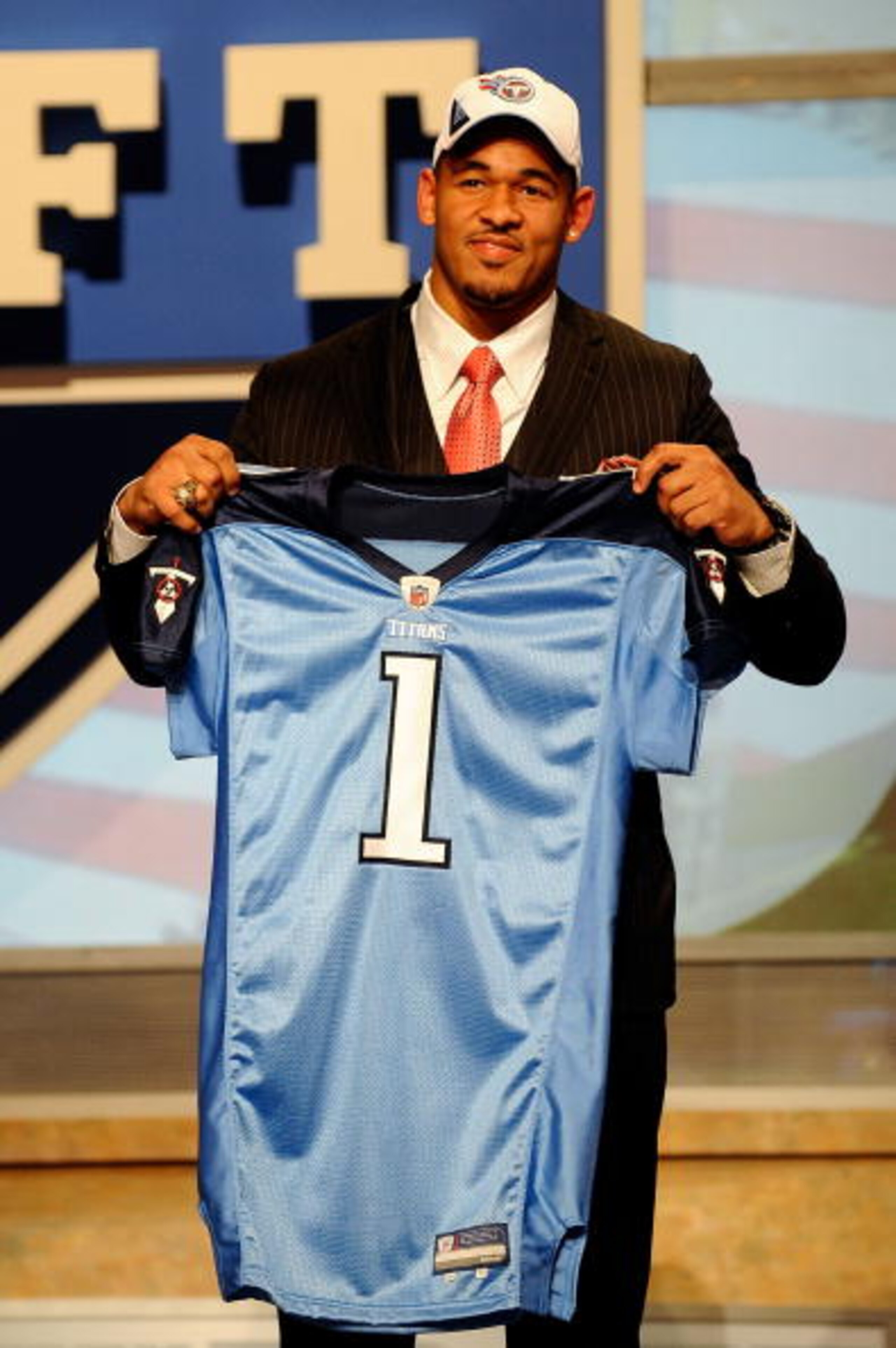 NEW YORK - APRIL 22:  Derrick Morgan from the Georgia Tech Yellow Jackets holds up a Tennessee Titans jersey after the Titans selected him number 16 overall during the first round of the 2010 NFL Draft at Radio City Music Hall on April 22, 2010 in New Yor