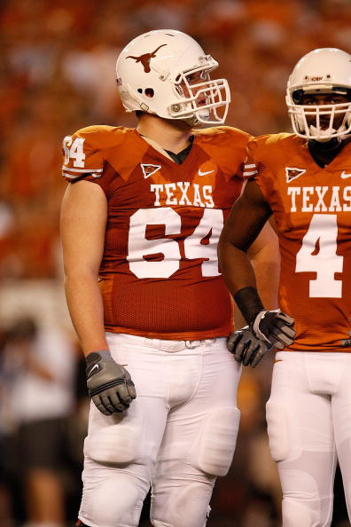 AUSTIN, TX - SEPTEMBER 19:  Tackle Kyle Hix #64 of the Texas Longhorns at Darrell K Royal-Texas Memorial Stadium on September 19, 2009 in Austin, Texas.  (Photo by Ronald Martinez/Getty Images)