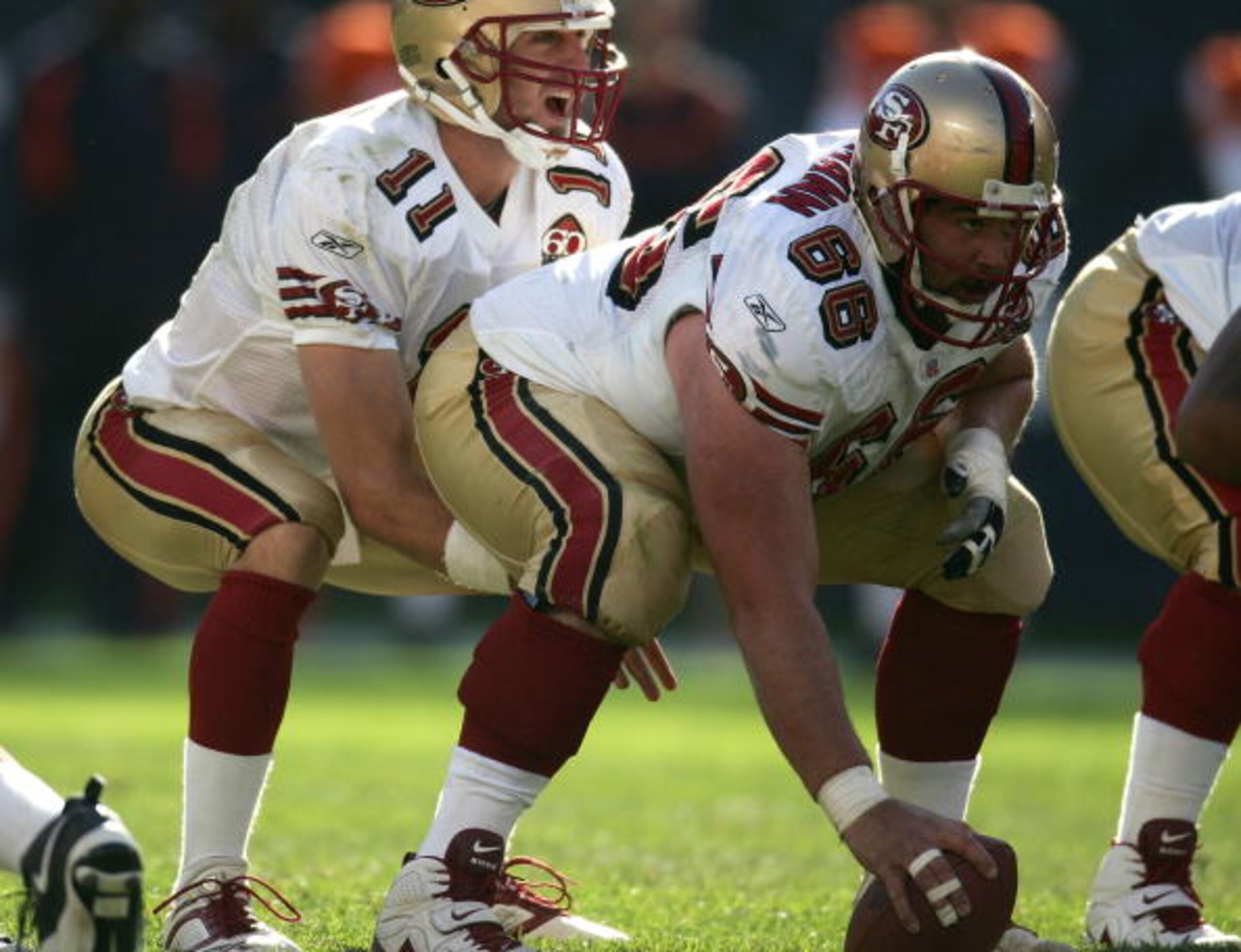 CHICAGO - OCTOBER 29:  Center Eric Heitman #66 of the San Francisco 49ers readies to snap the ball to Alex Smith #11 against the Chicago Bears October 29, 2006 at Soldier Field in Chicago, Illinois. The Bears won 41-10. (Photo by Jonathan Daniel/Getty Ima