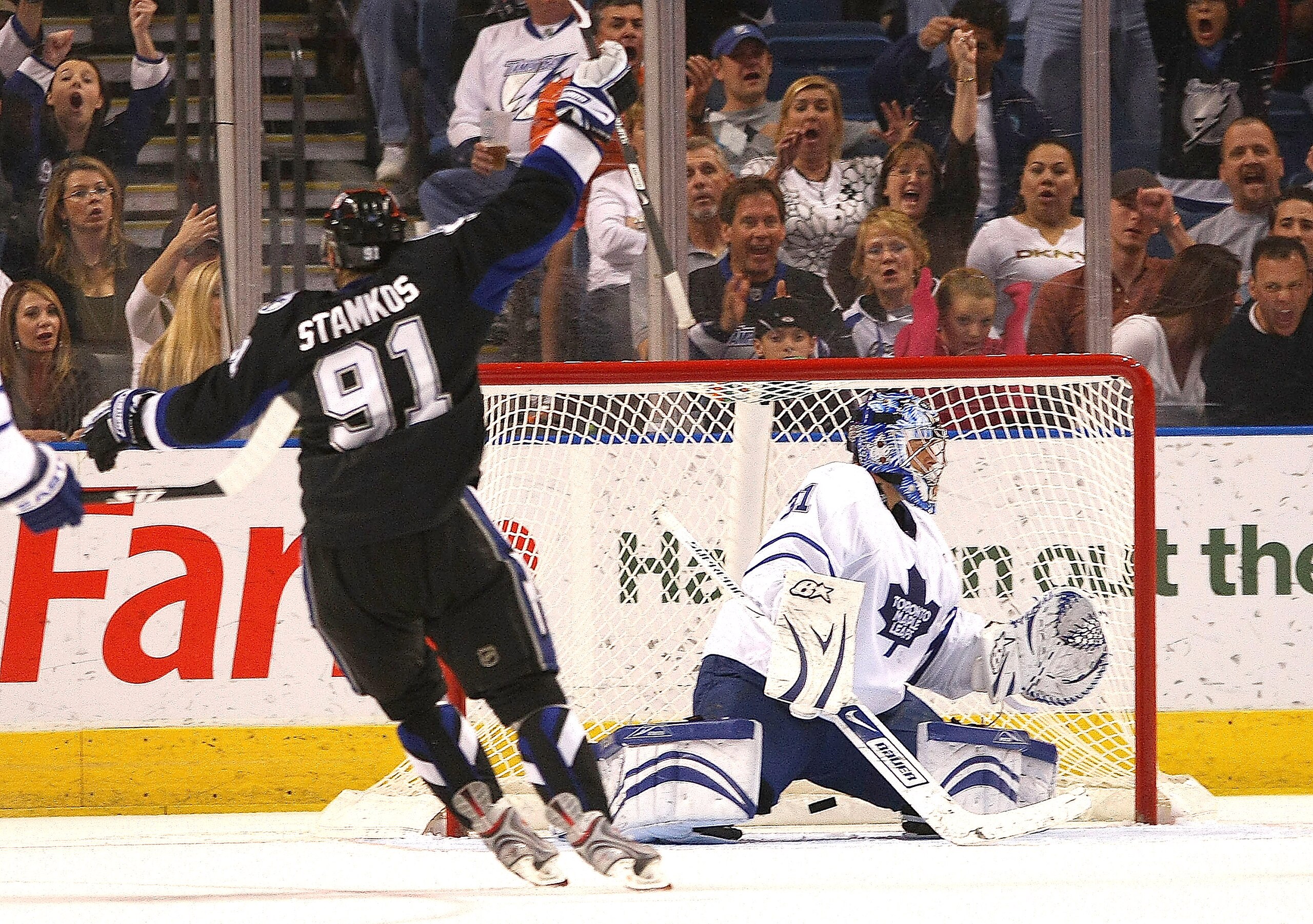 TAMPA, FL - FEBRUARY 12: Curtis Joseph #31 of the Toronto Maple Leafs gives up a third period goal to Steven Stamkos #91 of the Tampa Bay Lightning on February 12, 2009 at the St. Pete Times Forum in Tampa, Florida. The Lightning defeated the Maple Leafs