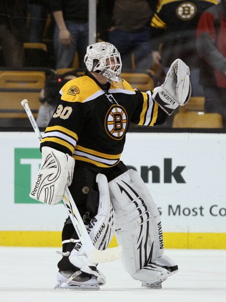 BOSTON, MA - MARCH 24:  Tim Thomas #30 of the Boston Bruins celebrates his shut out after the game against the Montreal Canadiens  on March 24, 2011 at the TD Garden in Boston, Massachusetts.  The Boston Bruins defeated the Montreal Canadiens 7-0.  (Photo
