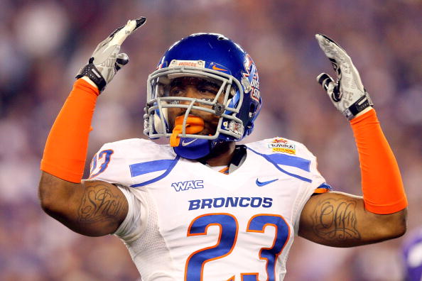GLENDALE, AZ - JANUARY 04:  Jeron Johnson #23 of the Boise State Broncos reacts in the first half against the TCU Horned Frogs during the Tostitos Fiesta Bowl at the Universtity of Phoenix Stadium on January 4, 2010 in Glendale, Arizona.  (Photo by Christ