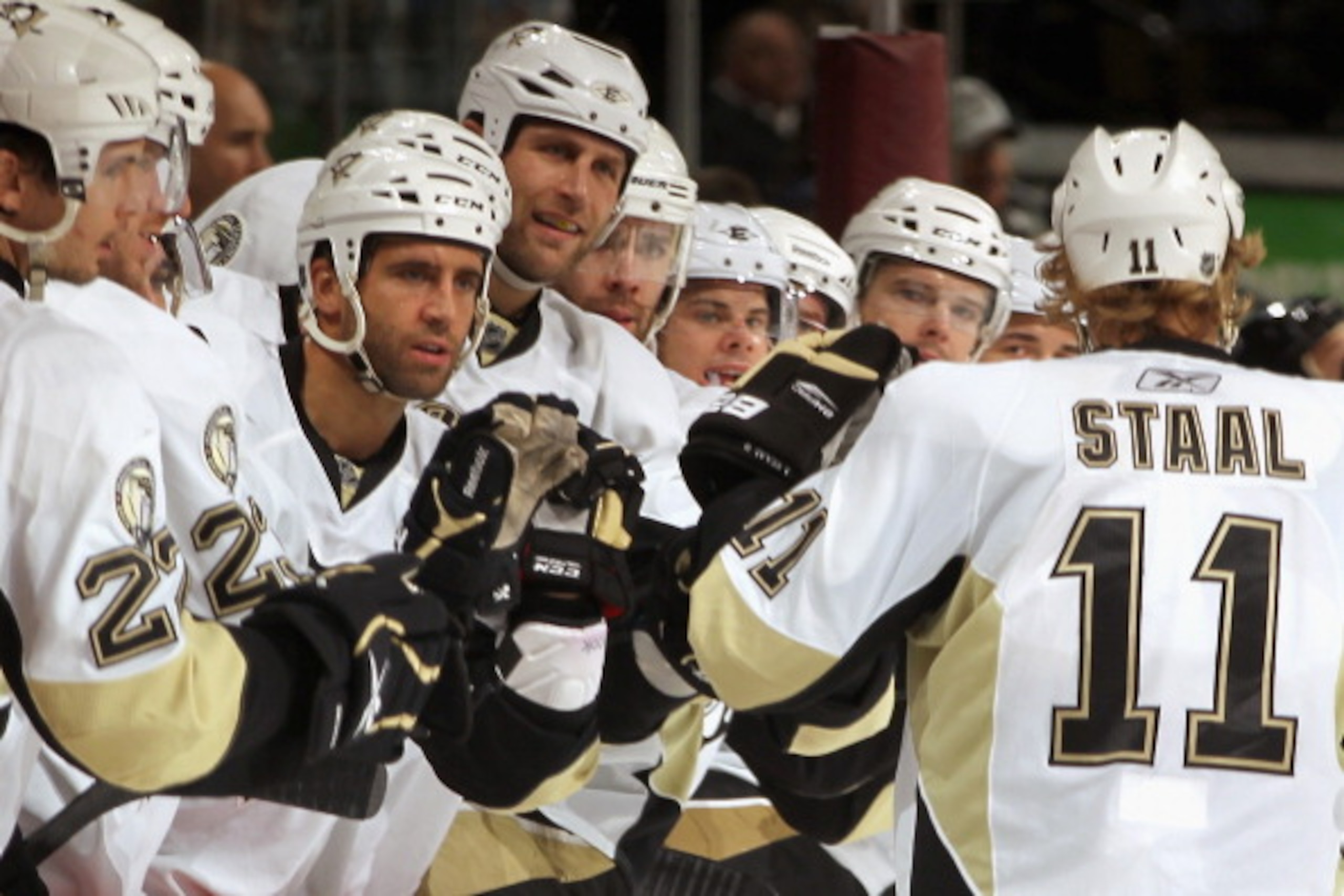 DENVER, CO - FEBRUARY 16: Jordan Staal #11 of the Pittsburgh Penguins is congratulated by his teammates for his second period goal against the Colorado Avalanche at the Pepsi Center on February 16, 2011 in Denver, Colorado. (Photo by Doug Pensinger/Gett DENVER, CO - FEBRUARY 16: Jordan Staal #11 of the Pittsburgh Penguins is congratulated by his teammates for his second period goal against the Colorado Avalanche at the Pepsi Center on February 16, 2011 in Denver, Colorado. (Photo by Doug Pensinger/Gett