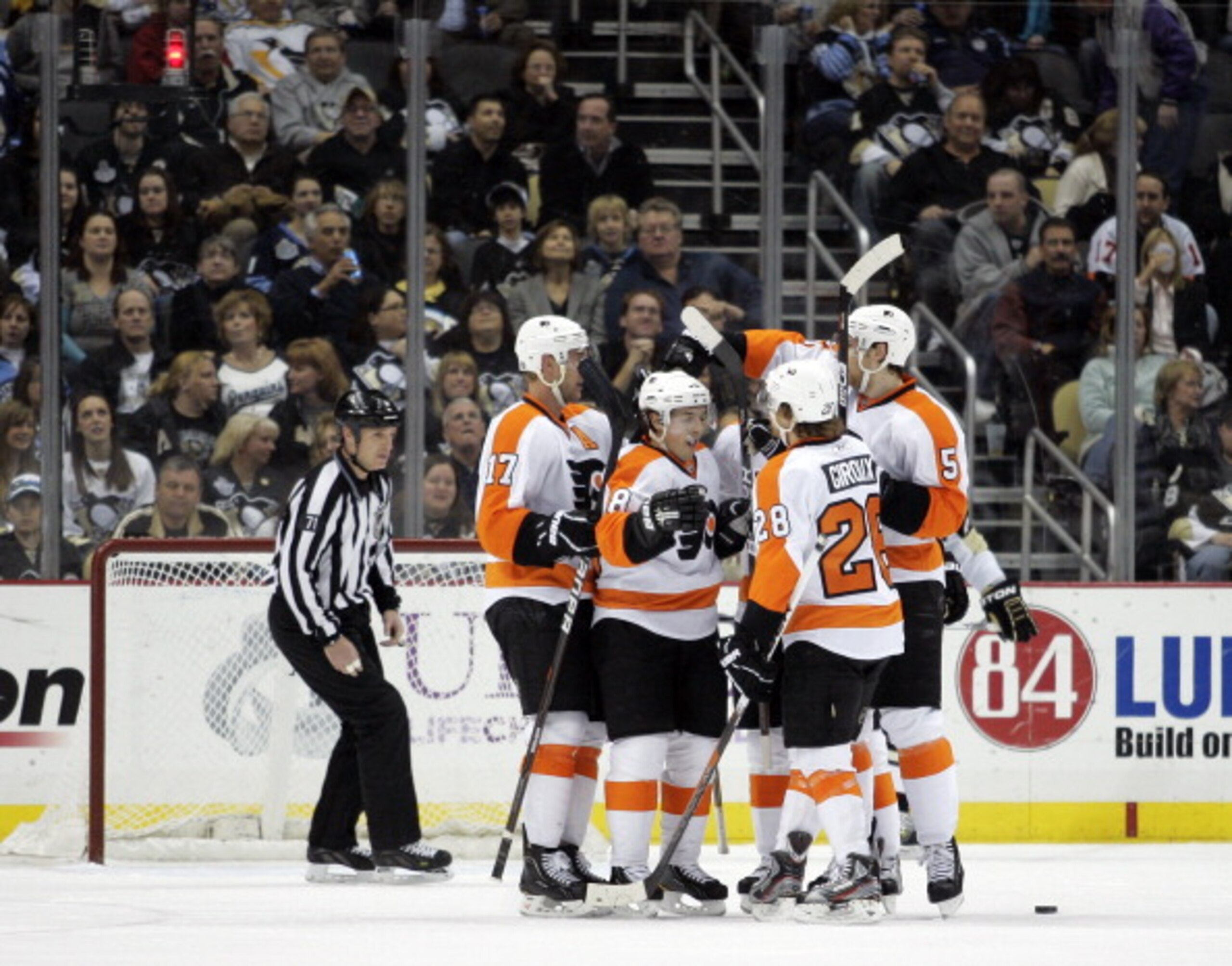 PITTSBURGH, PA - MARCH 29: Braydon Coburn #5 of the Philadelphia Flyers celebrates his first period goal against the Pittsburgh Penguins at Consol Energy Center on March 29, 2011 in Pittsburgh, Pennsylvania. (Photo by Justin K. Aller/Getty Images) PITTSBURGH, PA - MARCH 29: Braydon Coburn #5 of the Philadelphia Flyers celebrates his first period goal against the Pittsburgh Penguins at Consol Energy Center on March 29, 2011 in Pittsburgh, Pennsylvania. (Photo by Justin K. Aller/Getty Images)