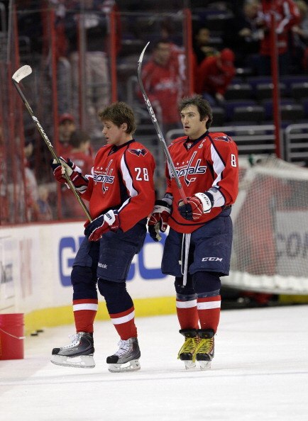 WASHINGTON, DC - MARCH 29: Alexander Semin #28 of the Washington Capitals and teammate Alex Ovechkin #8 skate off the ice before playing the Carolina Hurricanes at the Verizon Center on March 29, 2011 in Washington, DC.  (Photo by Rob Carr/Getty Images)