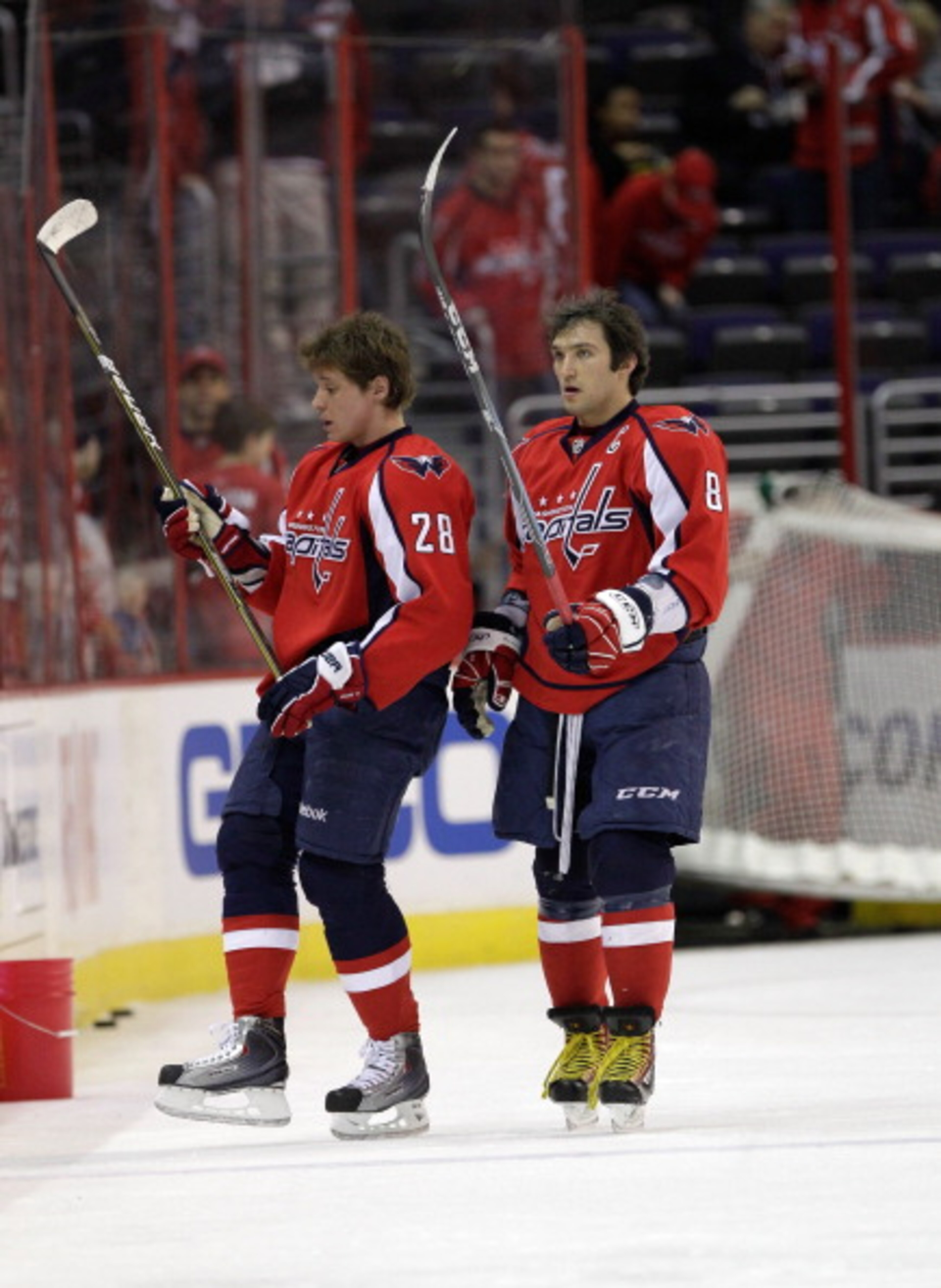 WASHINGTON, DC - MARCH 29: Alexander Semin #28 of the Washington Capitals and teammate Alex Ovechkin #8 skate off the ice before playing the Carolina Hurricanes at the Verizon Center on March 29, 2011 in Washington, DC.  (Photo by Rob Carr/Getty Images)