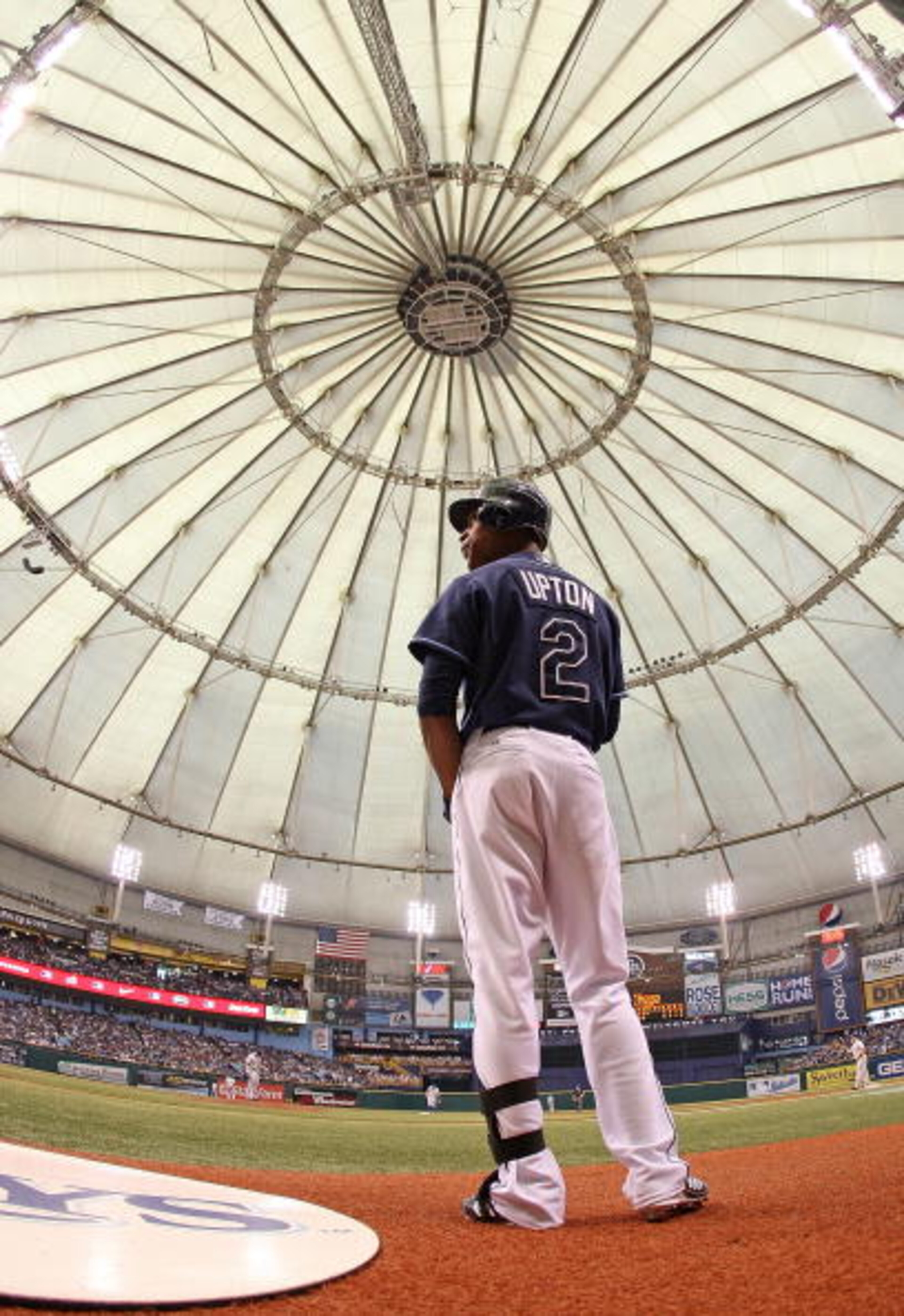 ST PETERSBURG, FL - OCTOBER 07: B.J. Upton #2 of the Tampa Bay Rays waits on deck during Game 2 of the ALDS against the Texas Rangers at Tropicana Field on October 7, 2010 in St. Petersburg, Florida. (Photo by Mike Ehrmann/Getty Images) ST PETERSBURG, FL - OCTOBER 07: B.J. Upton #2 of the Tampa Bay Rays waits on deck during Game 2 of the ALDS against the Texas Rangers at Tropicana Field on October 7, 2010 in St. Petersburg, Florida. (Photo by Mike Ehrmann/Getty Images)