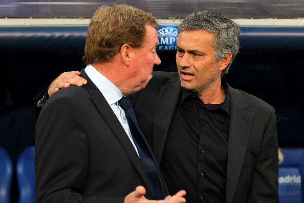MADRID, SPAIN - APRIL 05:  Jose Mourinho of Real Madrid talks to Harry Redknapp of Tottenham Hotspur prior to the UEFA Champions League Quarter Final first leg match between Real Madrid and Tottenham Hotspur at Estadio Santiago Bernabeu on April 5, 2011 i
