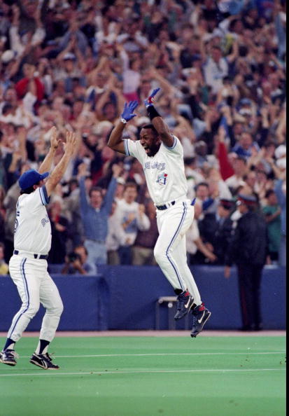 23 Oct 1993:  Firrst baseman Joe Carter of the Toronto Blue Jays celebrates after a home run in the ninth inning during the World Series against the Philadelphia Phillies at the Toronto Sky Dome in Toronto, Canada. Mandatory Credit: Rick Stewart  /Allspor
