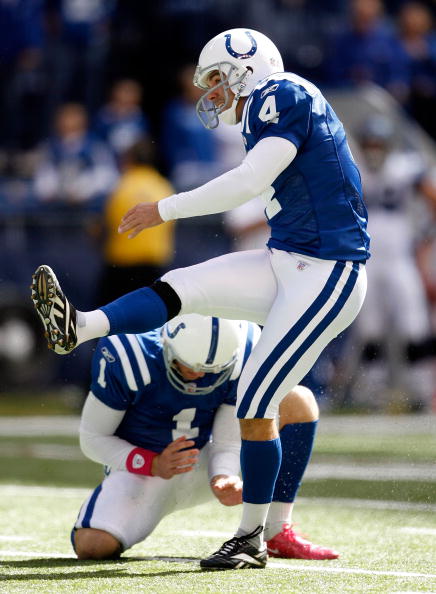 INDIANAPOLIS - OCTOBER 04:  Adam Vinatieri #4 of the Indianapolis Colts  kicks the ball during the NFL game against the Seattle Seahawks at Lucas Oil Stadium on October 4, 2009 in Indianapolis, Indiana.  (Photo by Andy Lyons/Getty Images)