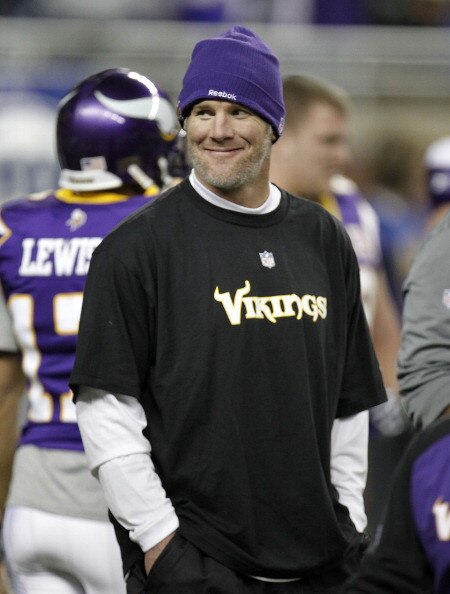 DETROIT, MI - DECEMBER 13:  Brett Favre #4 of the Minnesota Vikings looks on during warm ups prior to playing the New York Giants at Ford Field on December 13, 2010 in Detroit, Michigan.  (Photo by Gregory Shamus/Getty Images)