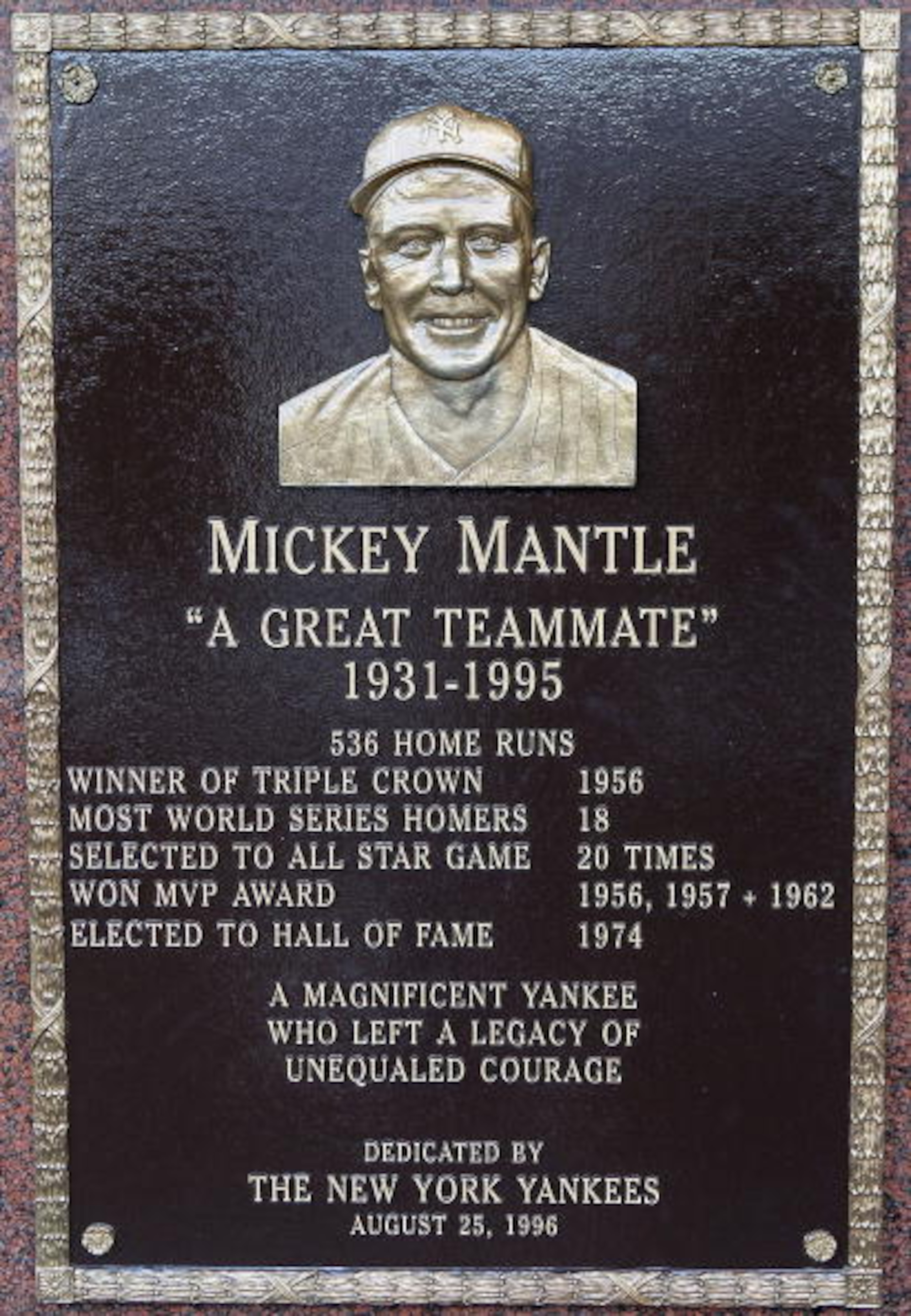 NEW YORK - MAY 02:  The plaque of Mickey Mantle is seen in Monument Park at Yankee Stadium prior to the game between the New York Yankees and the Chicago White Sox on May 2, 2010 in the Bronx borough of New York City. The Yankees defeated the White Sox 12