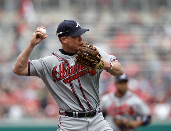 WASHINGTON, DC - APRIL 03:  Third baseman Chipper Jones #10 of the Atlanta Braves makes a throw against the Washington Nationals at Nationals Park on April 3, 2011 in Washington, DC.  (Photo by Rob Carr/Getty Images)