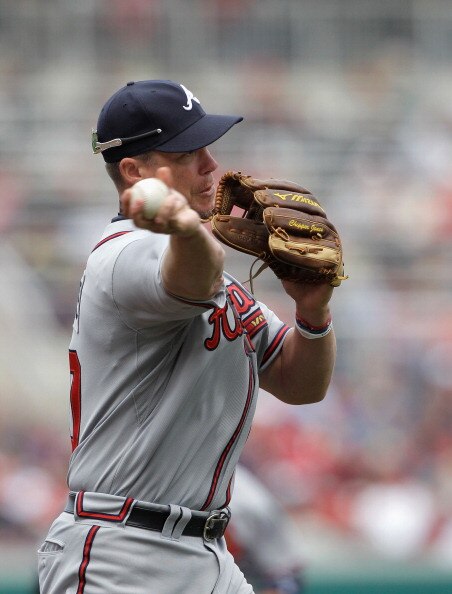 WASHINGTON, DC - APRIL 03:  Third baseman Chipper Jones #10 of the Atlanta Braves makes a throw against the Washington Nationals at Nationals Park on April 3, 2011 in Washington, DC.  (Photo by Rob Carr/Getty Images)