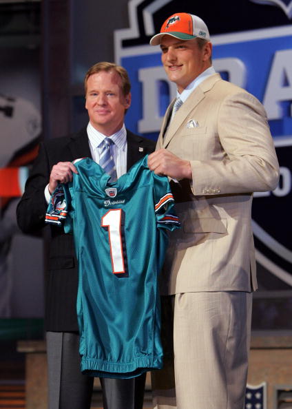 NEW YORK - APRIL 26:  Jake Long poses for a photo after being taken as the first overall draft pick by the Miami Dolphins with National Football League Commissioner Roger Goodell during the 2008 NFL Draft on April 26, 2008 at Radio City Music Hall in New