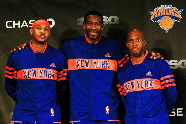 NEW YORK, NY - FEBRUARY 23:  Amar'e Stoudemire (C) of the New York Knicks introduces new players Carmelo Anthony (L) and Chauncy Billups (R) at a press conference at Madison Square Garden on February 23, 2011 in New York City. NOTE TO USER: User expressly