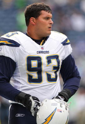SEATTLE - SEPTEMBER 26:  Defensive end Luis Castillo #93 of the San Diego Chargers looks on during warmups prior to the game against the Seattle Seahawks at Qwest Field on September 26, 2010 in Seattle, Washington. (Photo by Otto Greule Jr/Getty Images)
