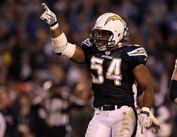 SAN DIEGO - NOVEMBER 22:  Linebacker Stephen Cooper #54 of the San Diego Chargers celebrates after breaking up a third down pass attempt in the fourth quarter against the Denver Broncos at Qualcomm Stadium on November 22, 2010 in San Diego, California. Th