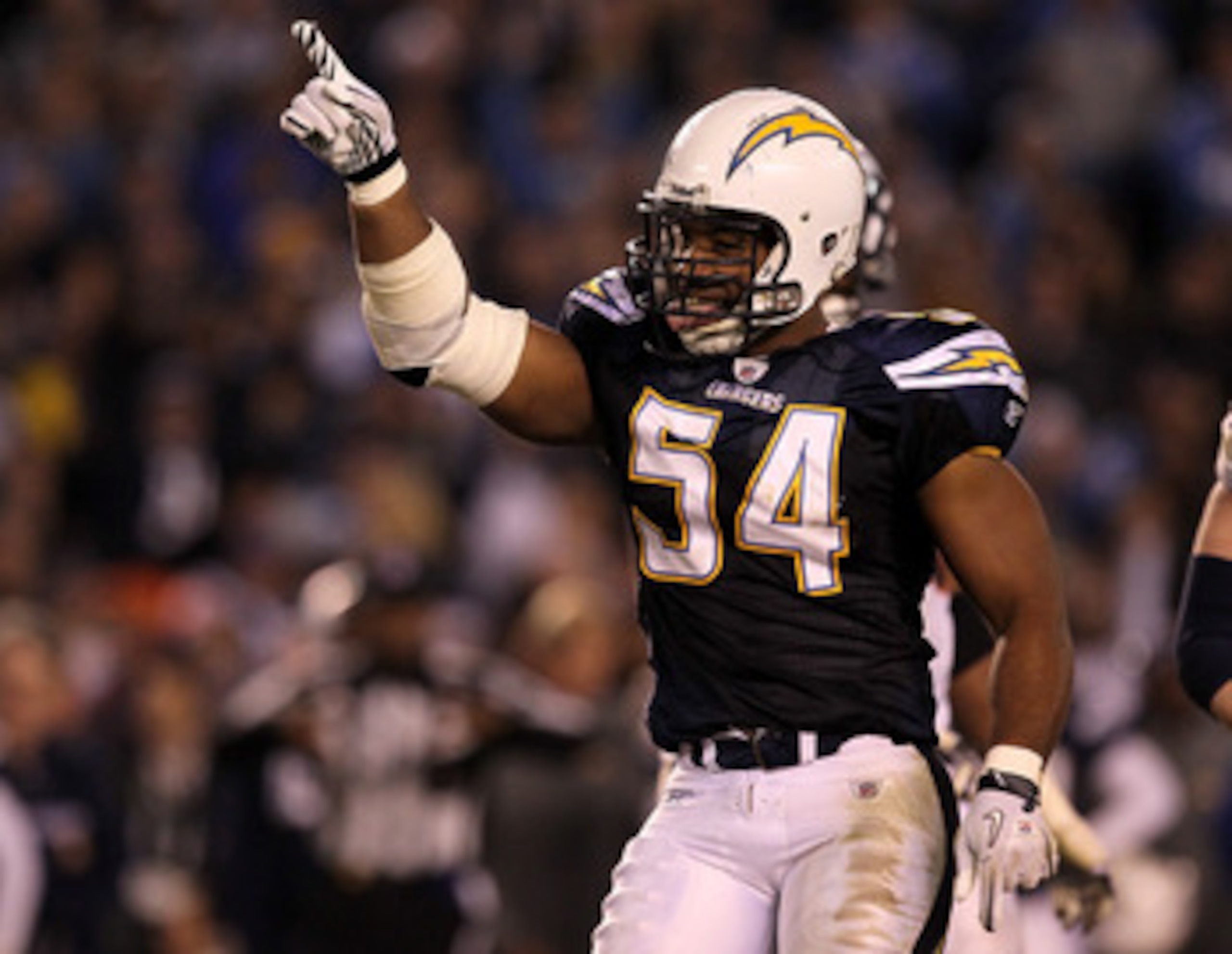 SAN DIEGO - NOVEMBER 22:  Linebacker Stephen Cooper #54 of the San Diego Chargers celebrates after breaking up a third down pass attempt in the fourth quarter against the Denver Broncos at Qualcomm Stadium on November 22, 2010 in San Diego, California. Th