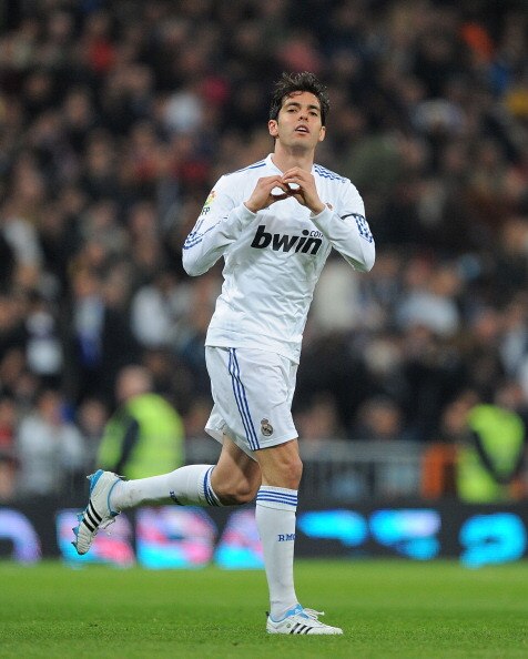 MADRID, SPAIN - FEBRUARY 06: Kaka of Real Madrid  celebrates after scoring Real's first goal  of during the La Liga match between Real Madrid and Real Sociedad at Estadio Santiago Bernabeu on February 6, 2011 in Madrid, Spain.  (Photo by Denis Doyle/Getty