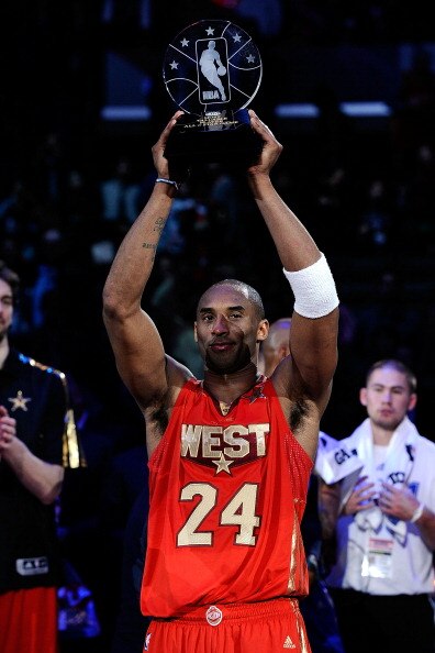LOS ANGELES, CA - FEBRUARY 20:  Kobe Bryant #24 of the Los Angeles Lakers and the Western Conference celebrates after being named MVP for the fourth time in the 2011 NBA All-Star Game at Staples Center on February 20, 2011 in Los Angeles, California. NOTE