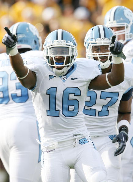 CHESTNUT HILL, MA - NOVEMBER 21:  Kendric Burney #16 of the North Carolina Tar Heels celebrates his touchdown in the first quarter against the Boston College Eagles on November 21, 2009 at Alumni Stadium in Chestnut Hill, Massachusetts.  (Photo by Elsa/Ge