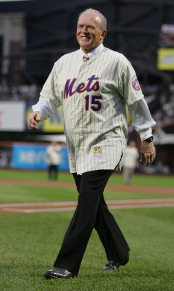 NEW YORK - AUGUST 22:  Jerry Grote walks to throw the first pitch during the presentation commemorating the New York Mets 40th anniversary of the 1969 World Championship team on August 22, 2009 at Citi Field in the Flushing neighborhood of the Queens boro